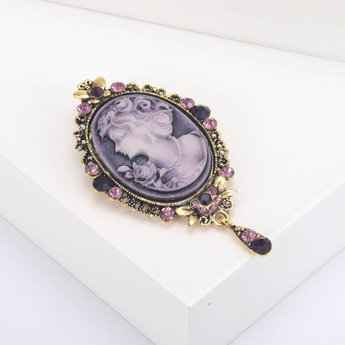 Vintage Cameo Brooch, Rhinestone Accent Drop Pendant Pin