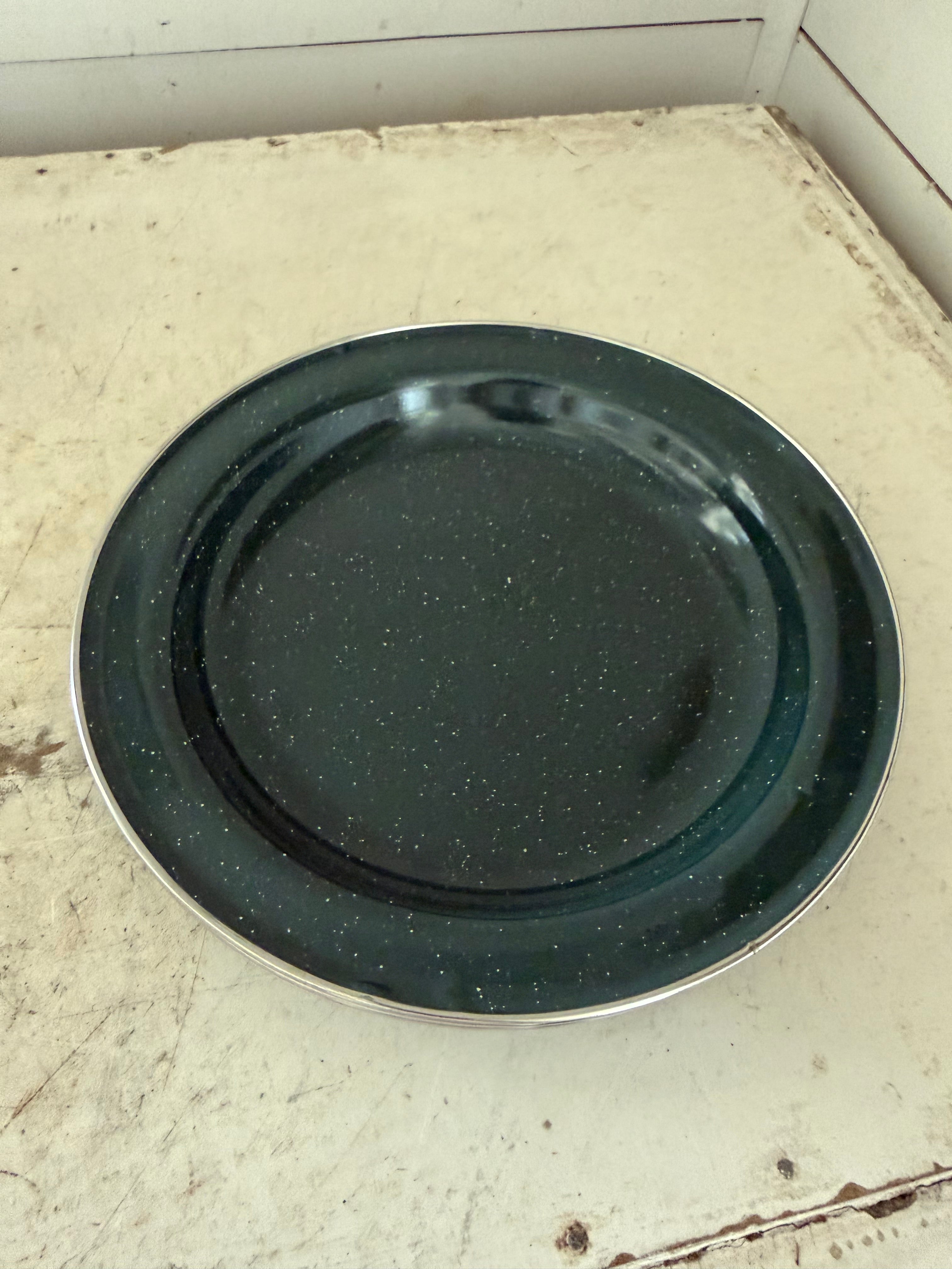 Green speckled enamel, dished out plate sold individually