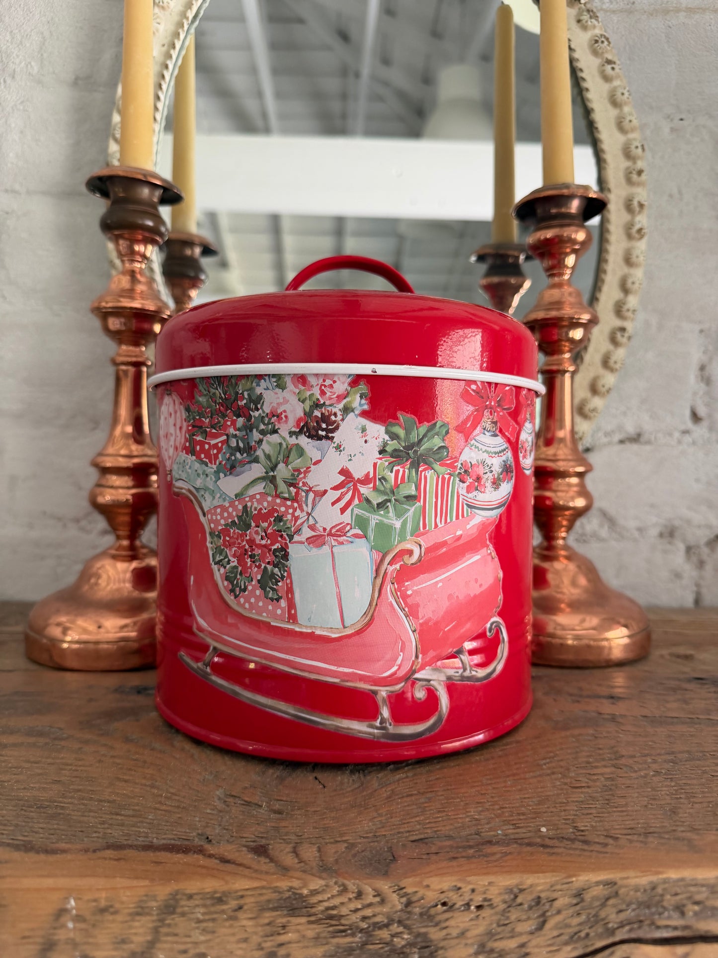 Red Enamel Sleigh Canister with Lid