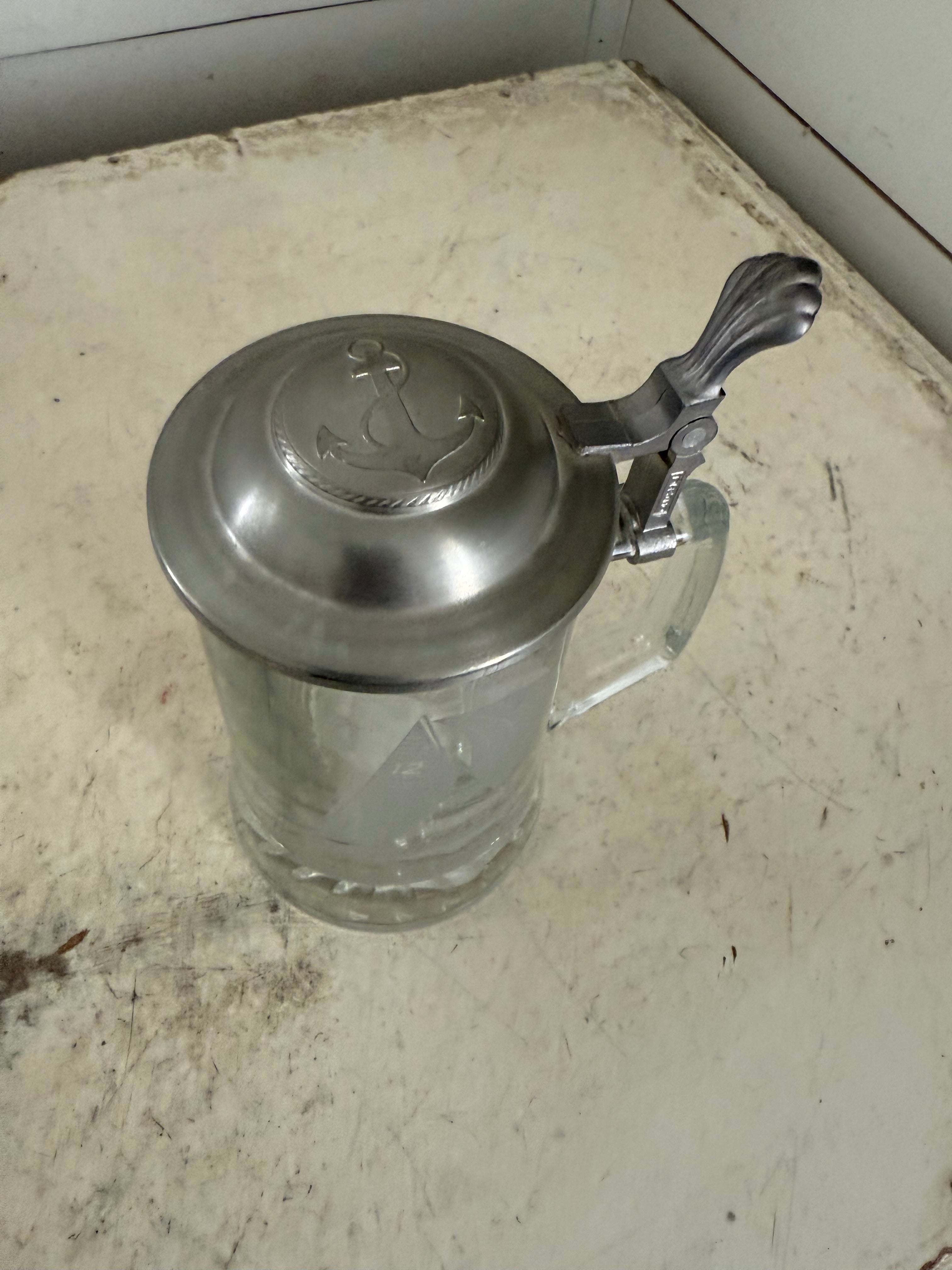 Vintage Glass Pewter Lid Stein Alwe W. Germany America's Cup Series 1 Sail