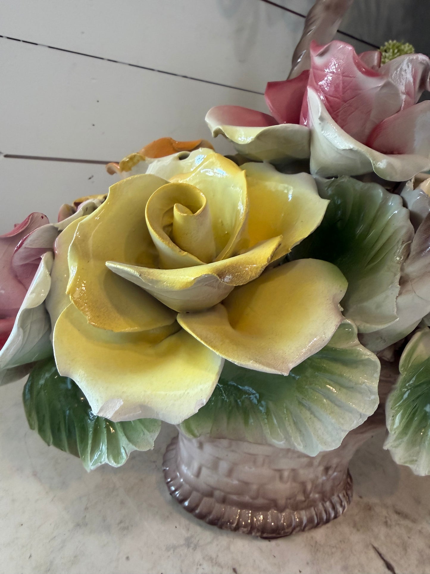 Large Capodimonte, Italy, Porcelain, Basket of Posies, Rose Flowers, Vintage small chips and imperfections as shown