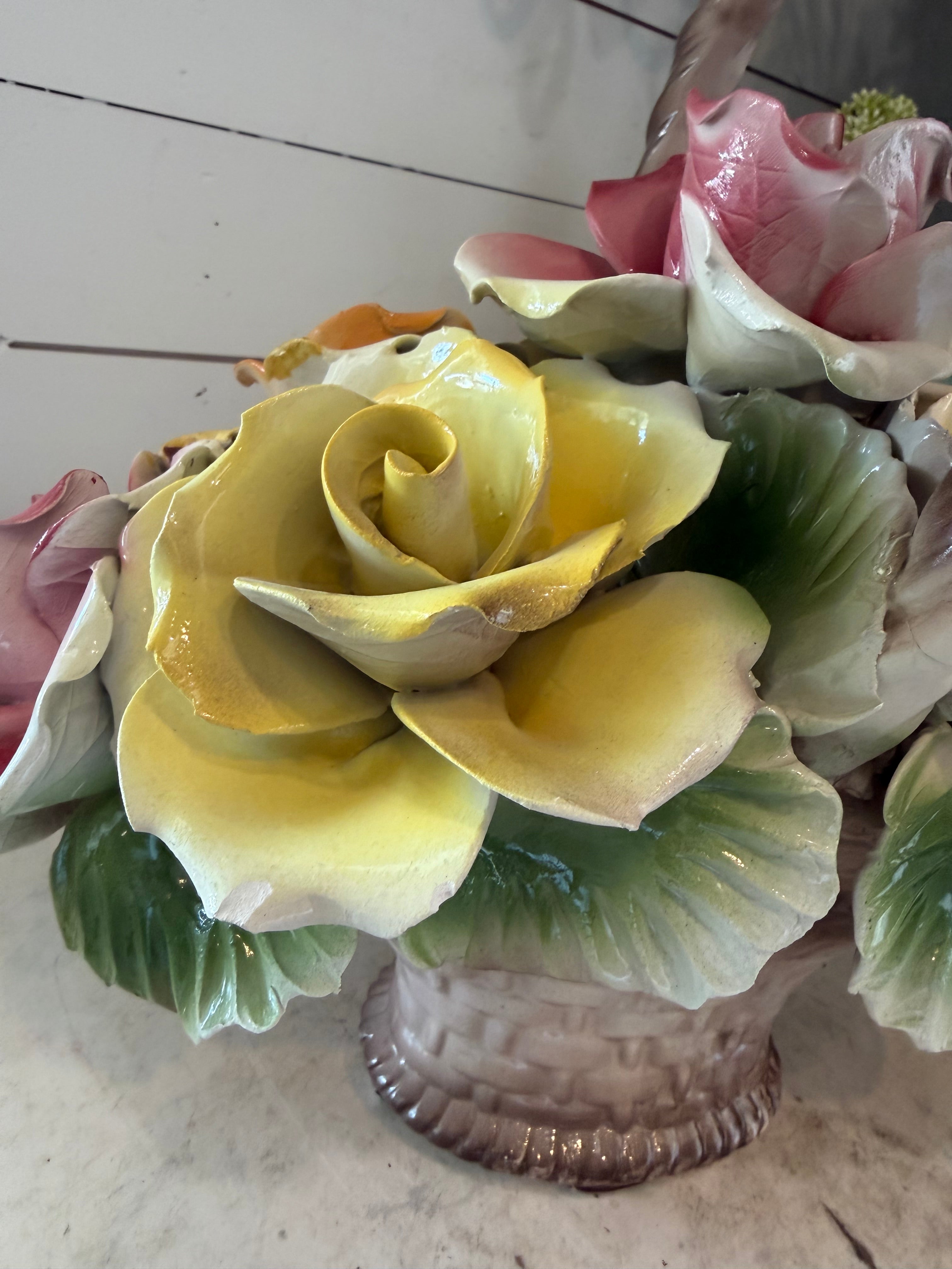 Large Capodimonte, Italy, Porcelain, Basket of Posies, Rose Flowers, Vintage small chips and imperfections as shown