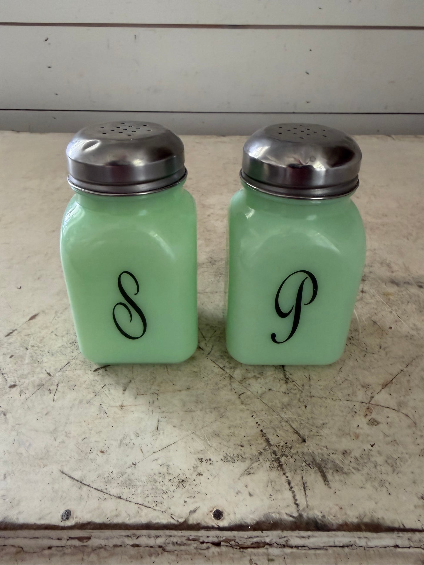 Mosser Jadeite Green Monogrammed Salt & Pepper Shakers Set Jadite Jade
