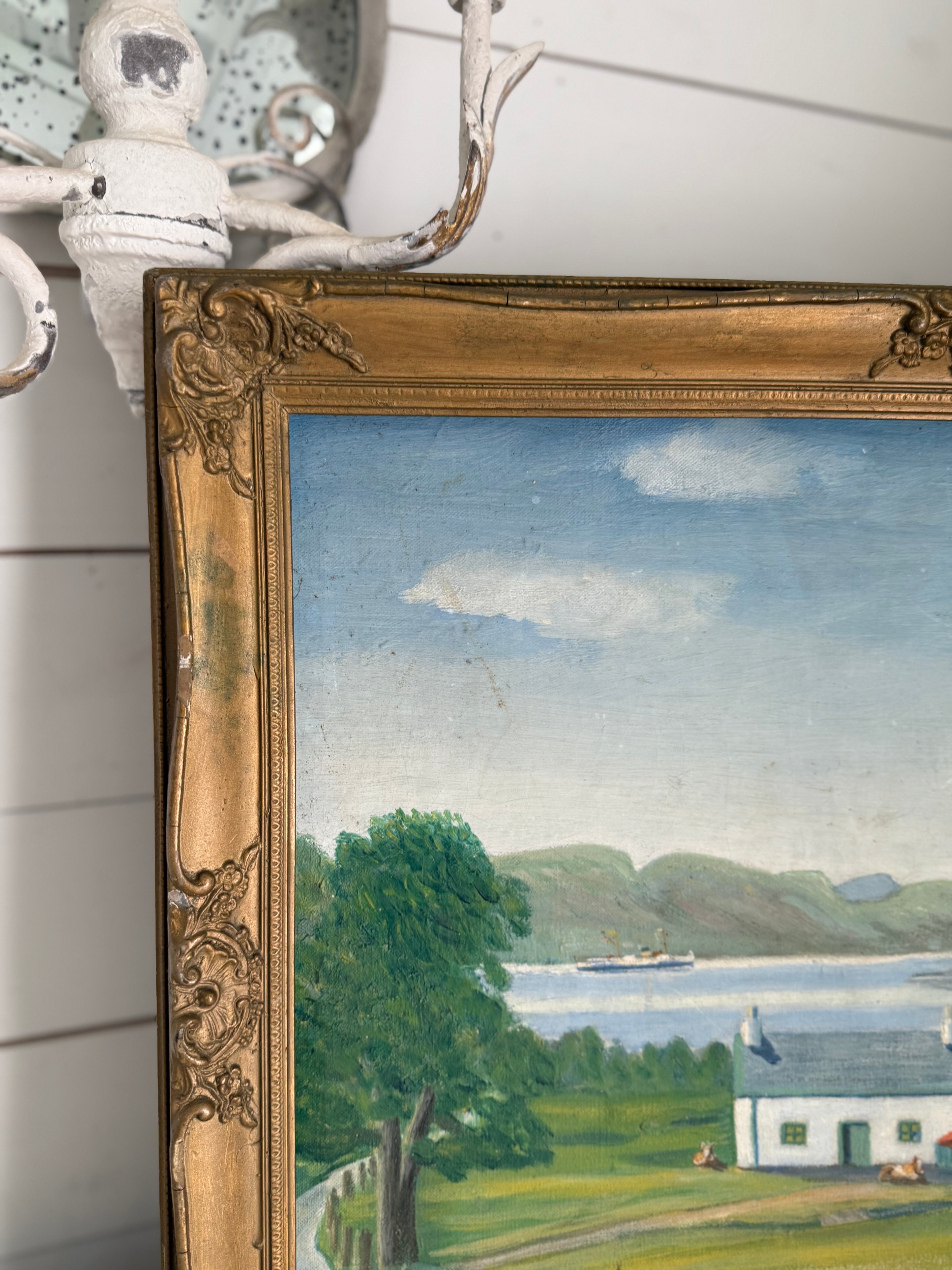 Original English Cottage & Lake Antique Art with Frame - as is see damage as shown