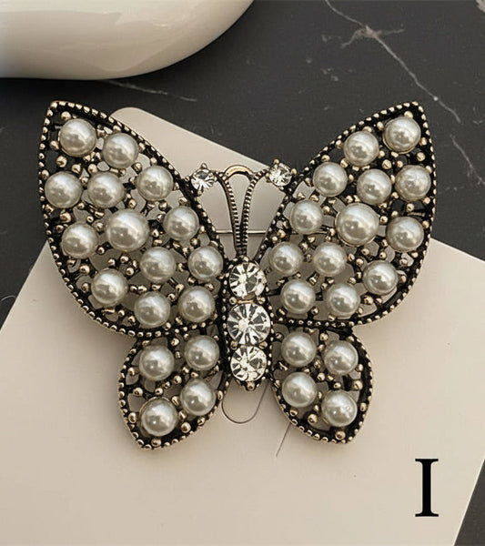Vintage Style butterfly flower diamond pearl brooch - sold individually