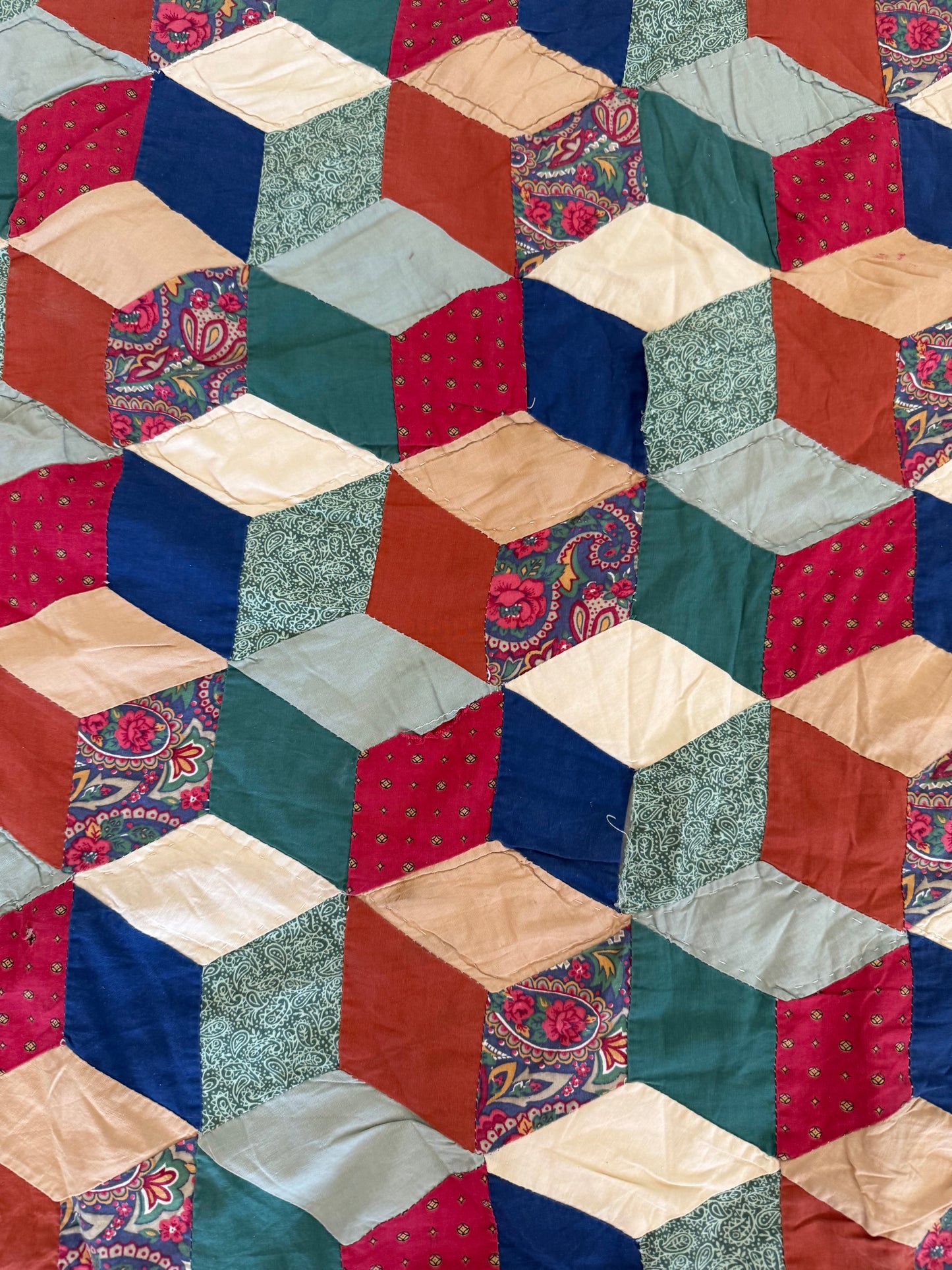 Vintage Tumbling Blocks Hand Pieced Twin Quilt - as is has imperfections