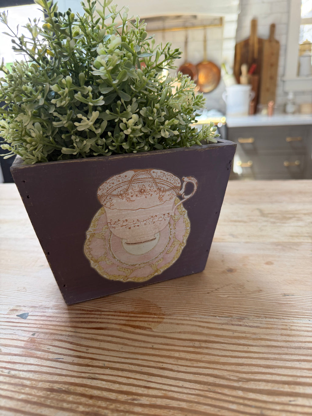 Hand Painted Teacup Wood Box greenery not included