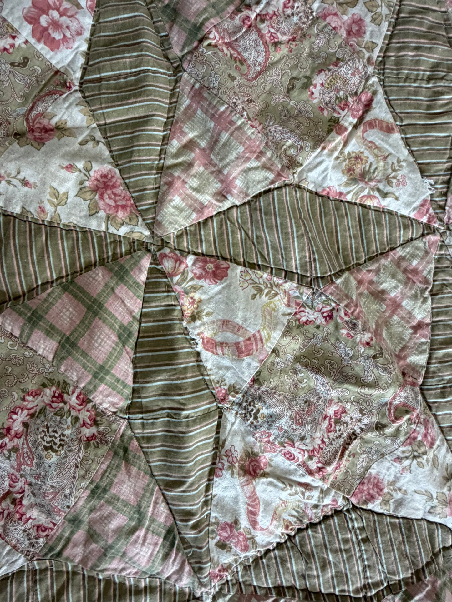 Shabby floral quilt hand stitching, not homemade as is