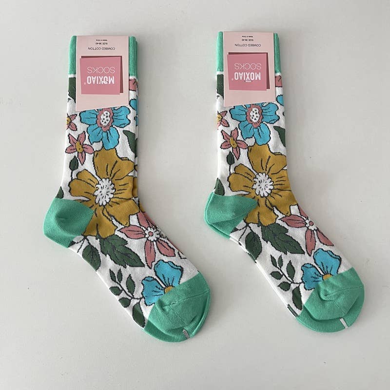 Vintage Style Rose Floral Colored Crew Socks