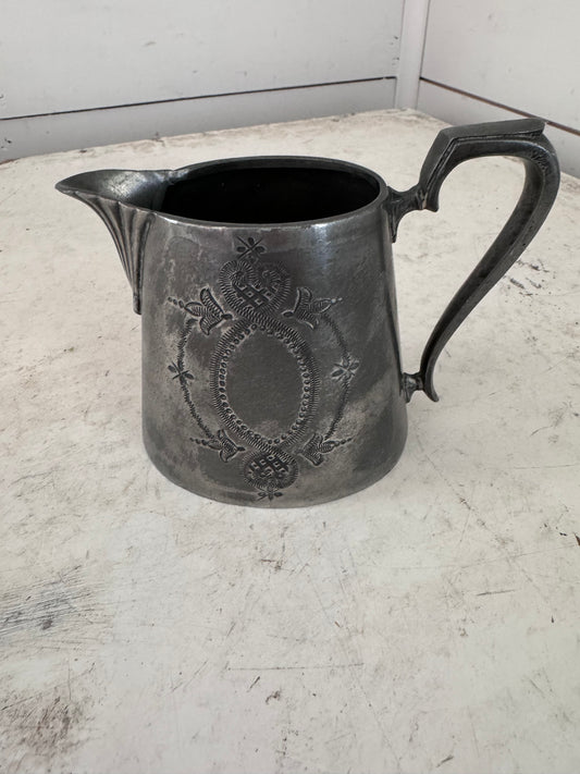 Antique Floral Engraved Victorian Pewter Creamer