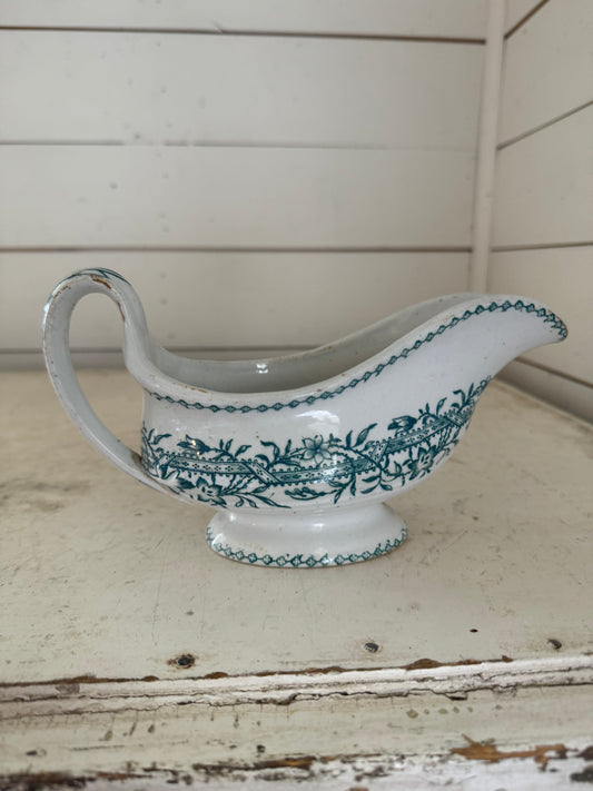 Green Transferware Antique Gravy Boat