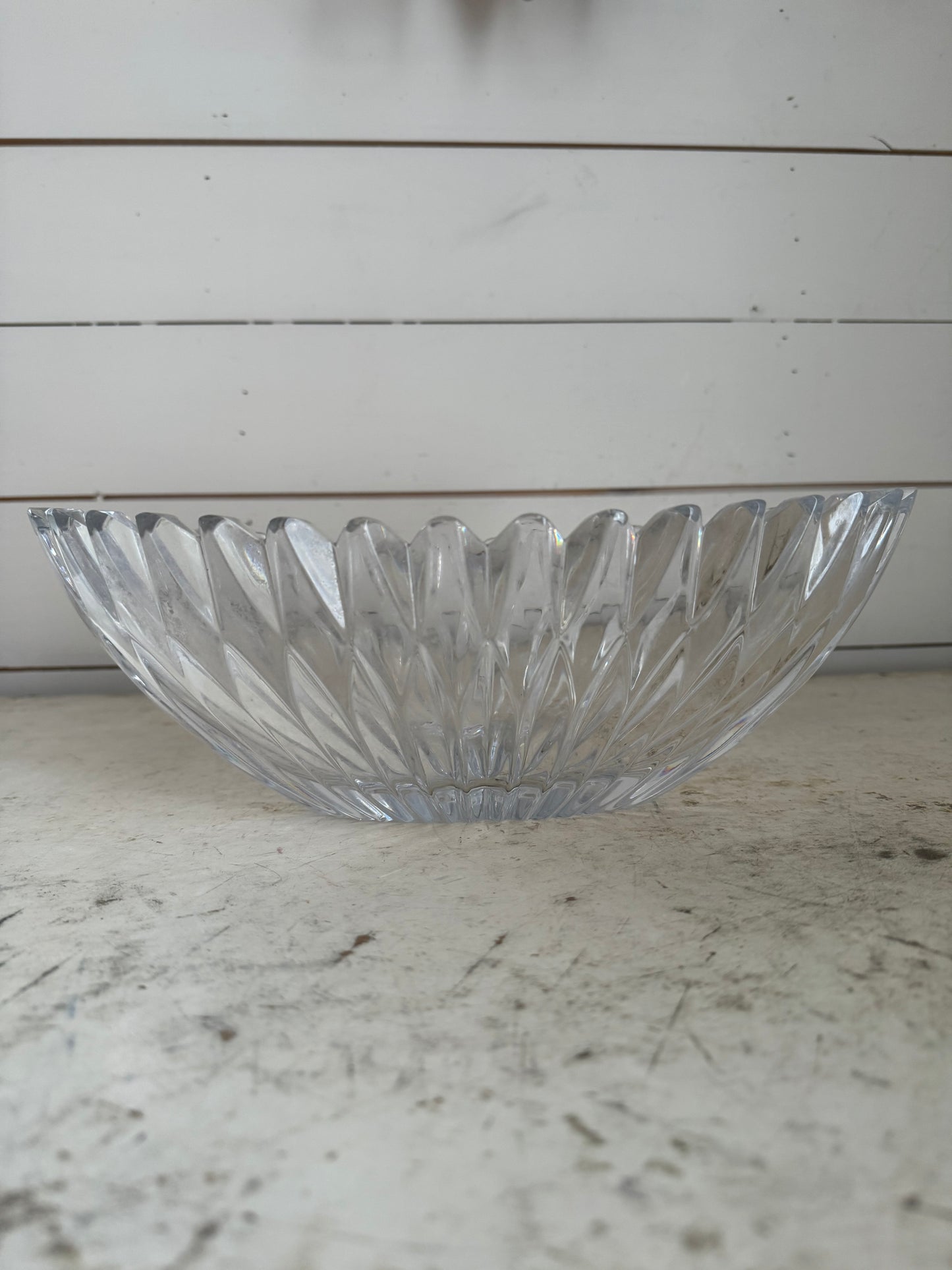 Mikasa Damocles Clear Lead Crystal Oval 13" Starburst 36 point edge - has chip we will sand it smooth