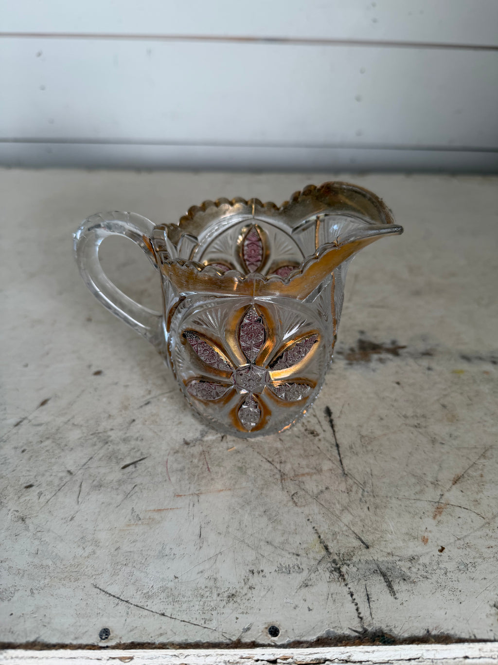 Early American Pressed Glass Creamer With Gold Gilding