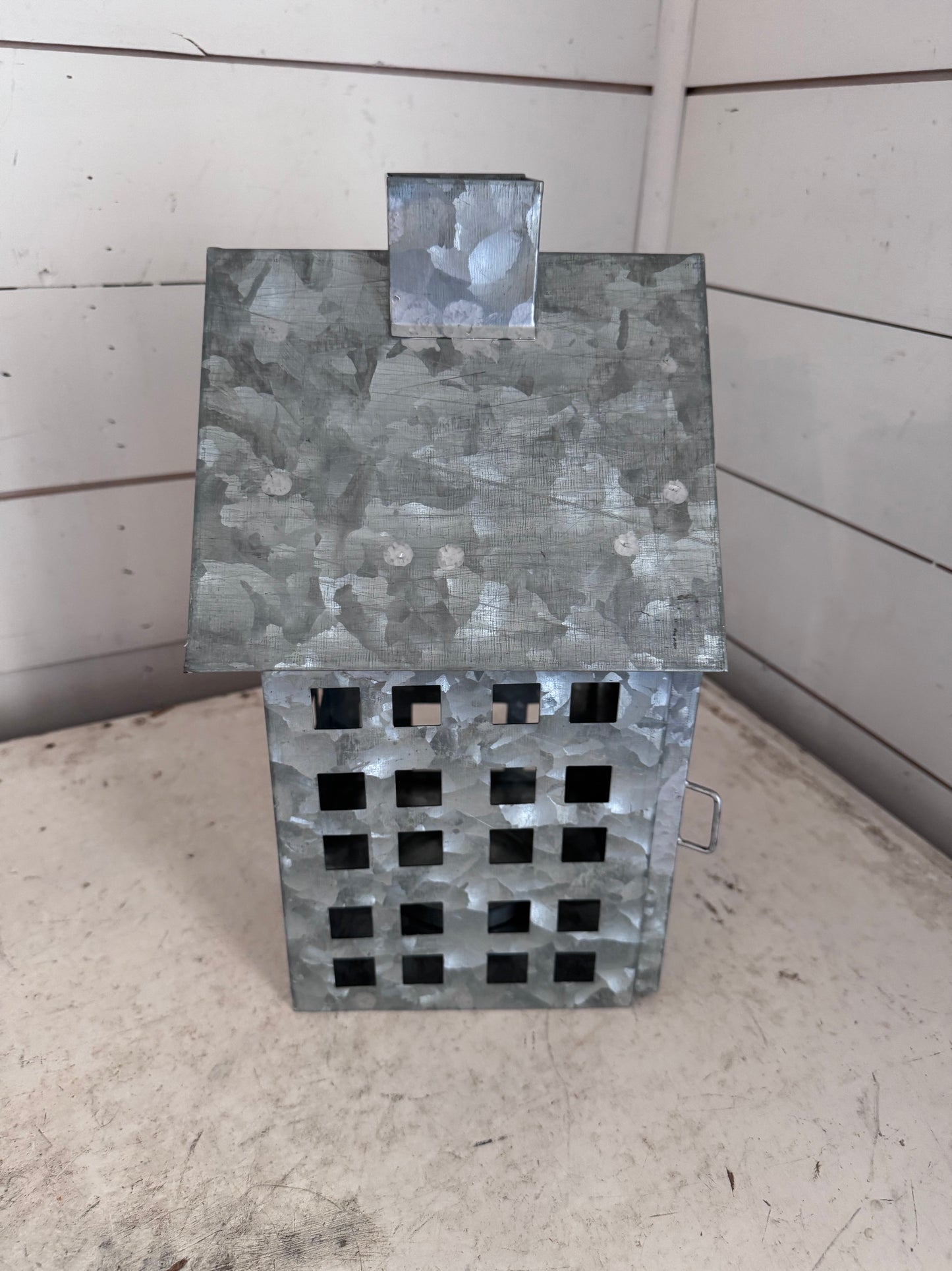 Galvanized village house candle holder