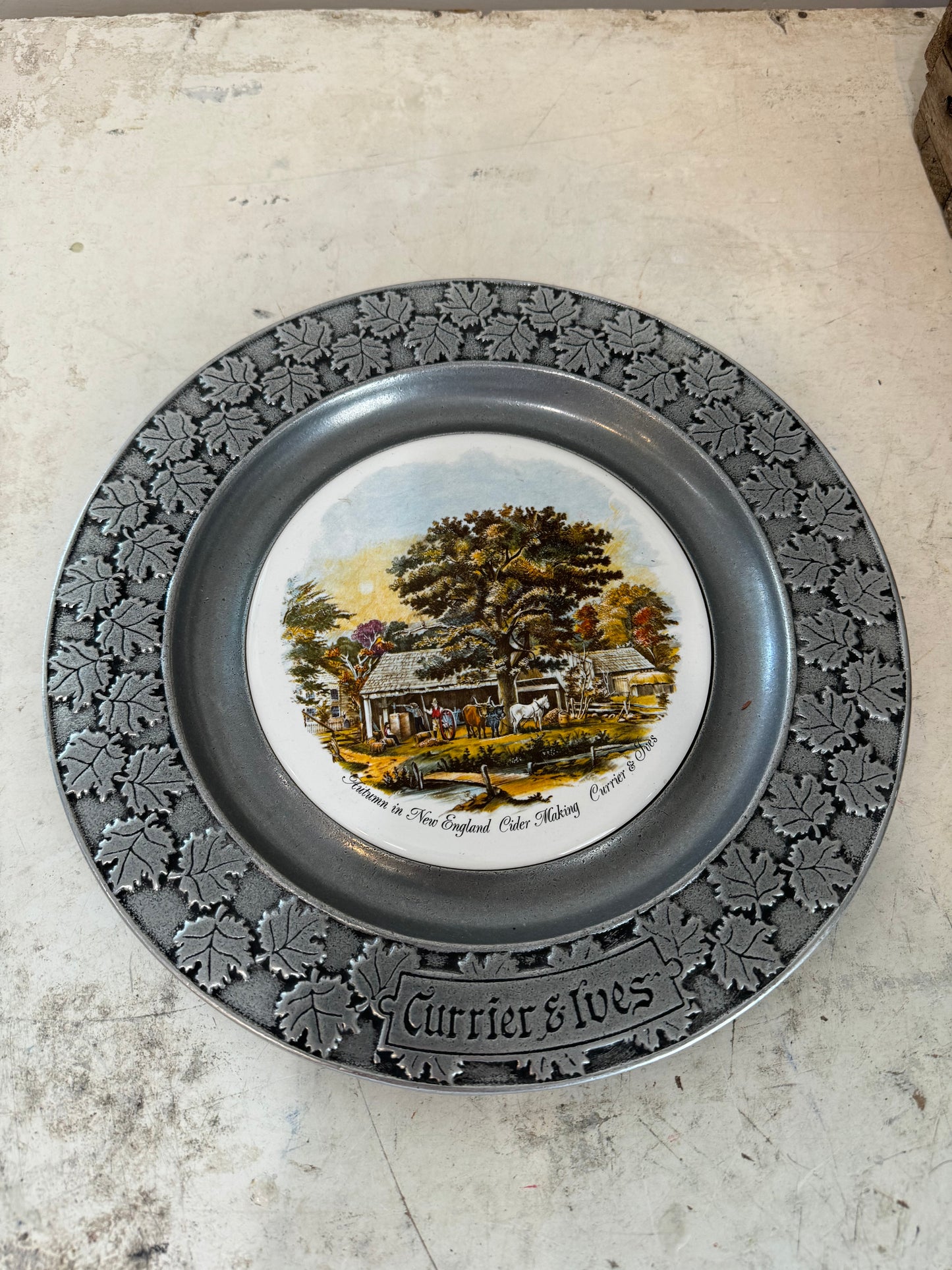 Currier & Ives Pewter Plate Ceramic Center American Homestead Spring 11" Vintage