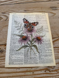 Print of a butterfly and flowers on an old book page, placed on a wooden surface.