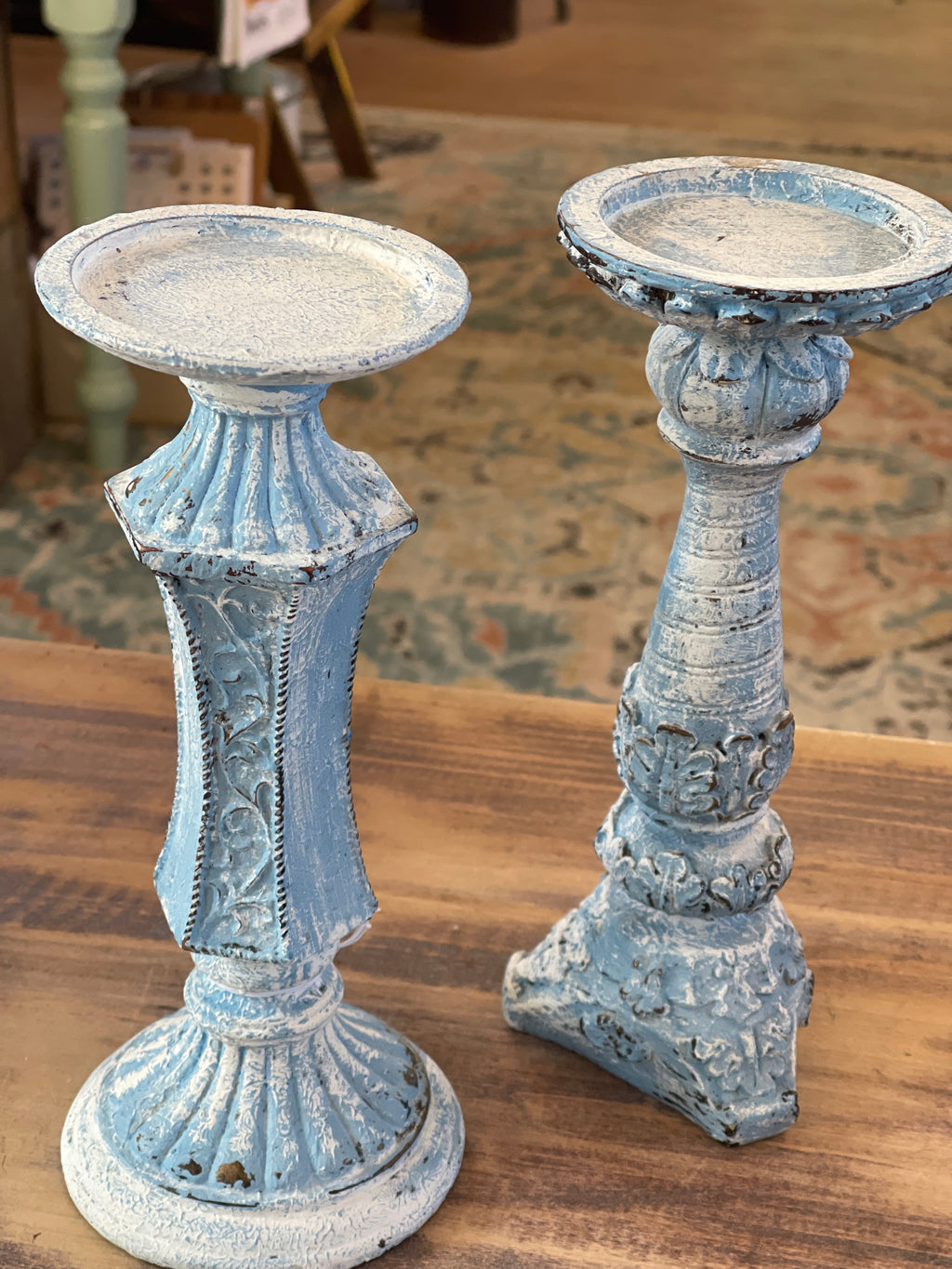 Set of two chippy French country candlesticks