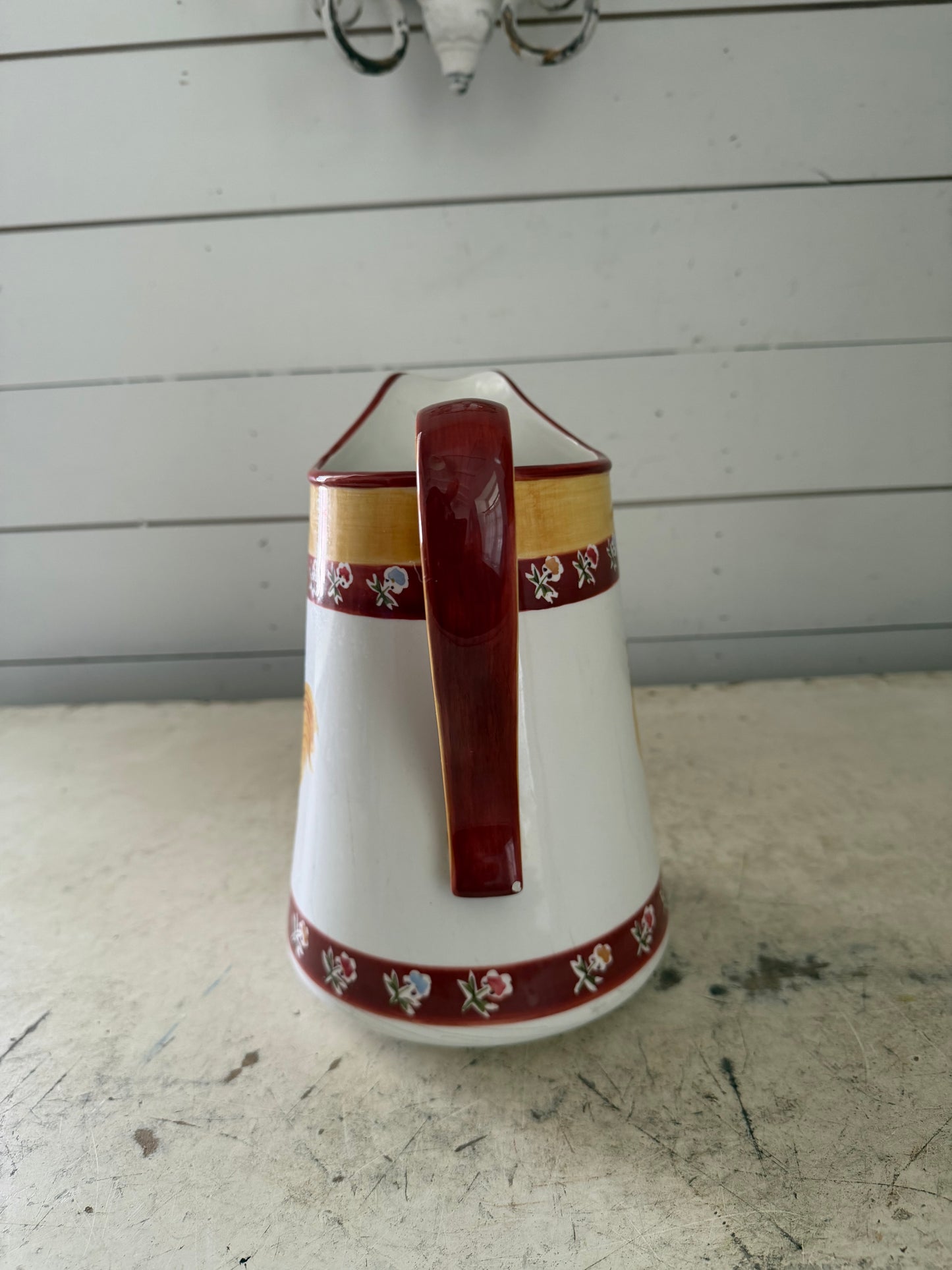 Waverly Coq-a-Doodle Do hand-painted ceramic pitcher has crack
