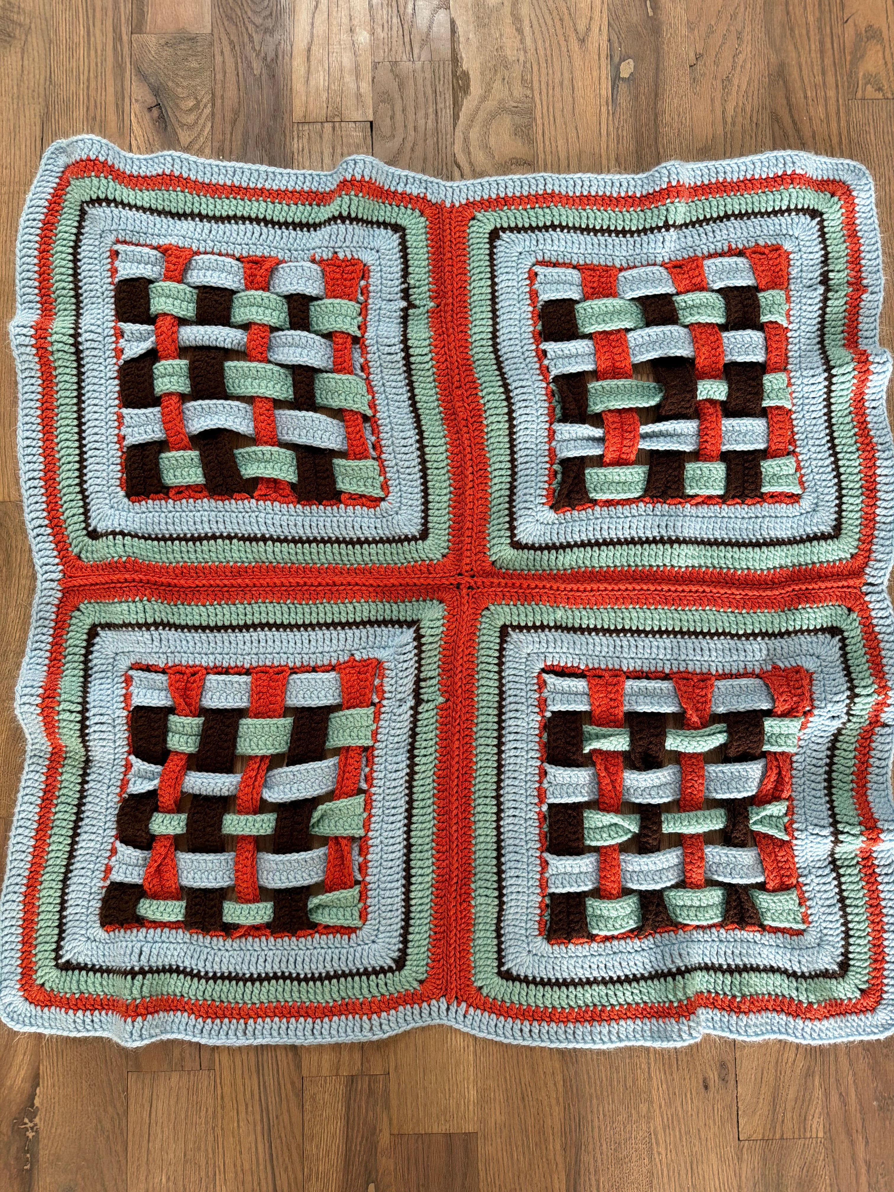 Basket Weave Orange and Blue Afghan - Baby Size
