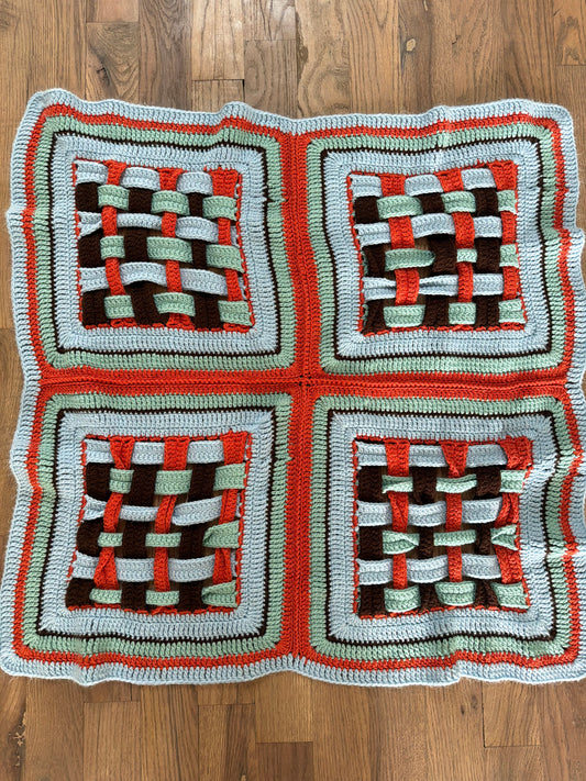 Basket Weave Orange and Blue Afghan - Baby Size