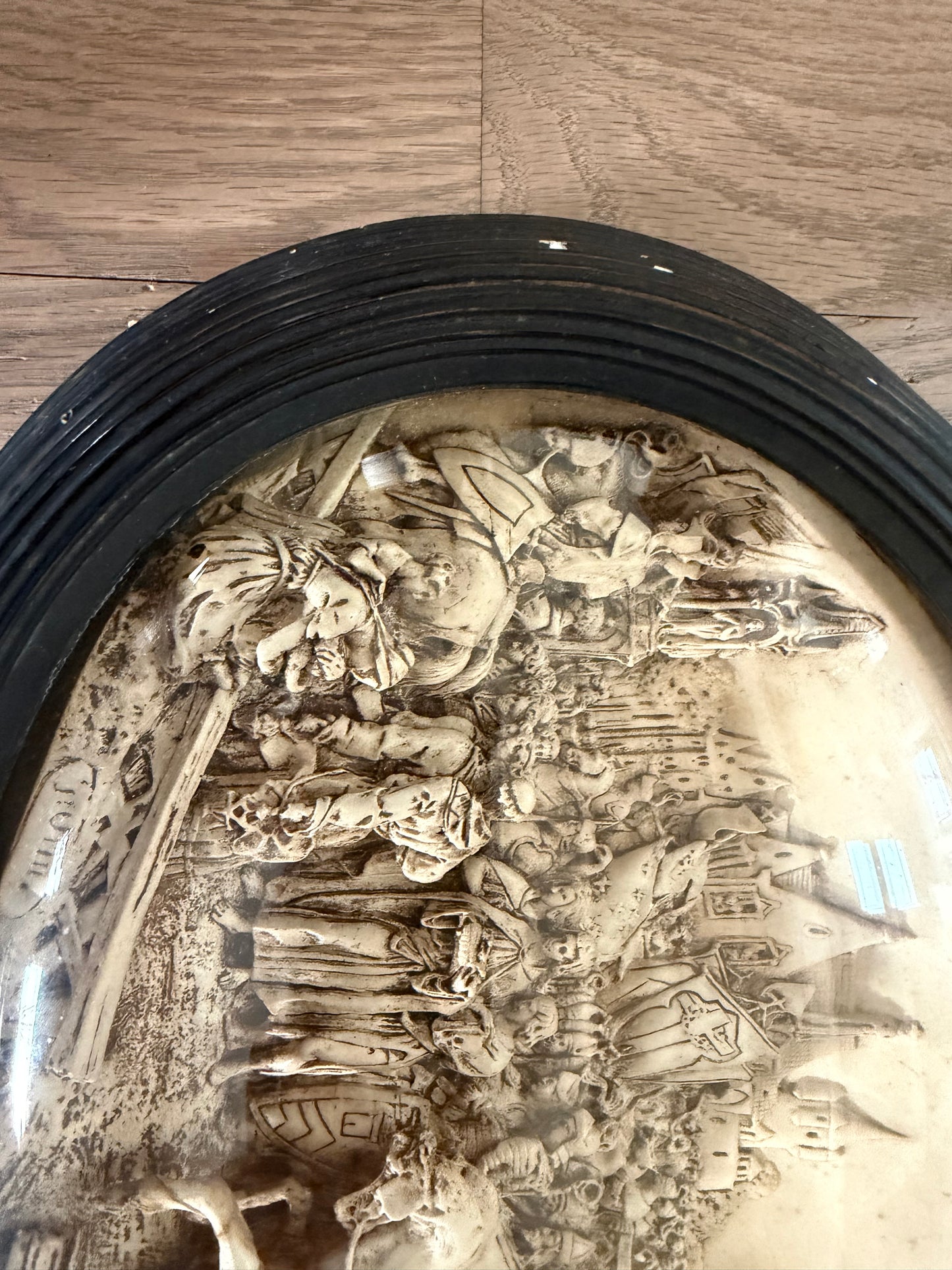 Rare Antique Oval Domed Glass French Plaster Relief Picture with Dome Glass - does have small piece of wood loose inside that I can’t get out