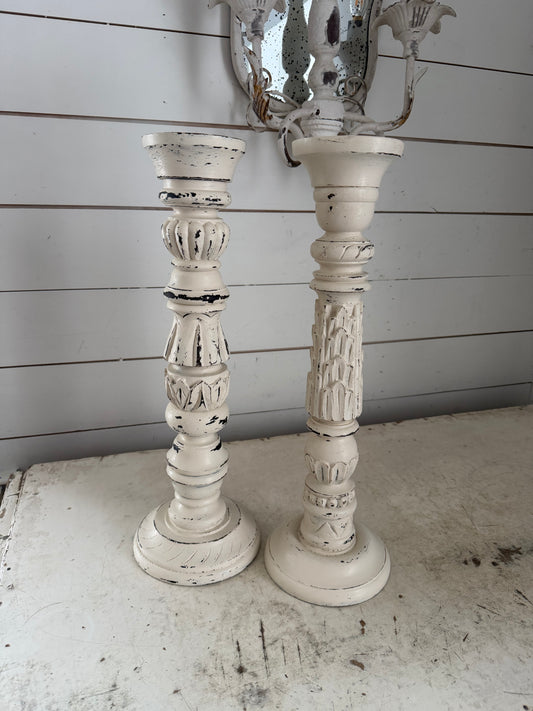 18” Hand Carved & Painted Wood Candlesticks