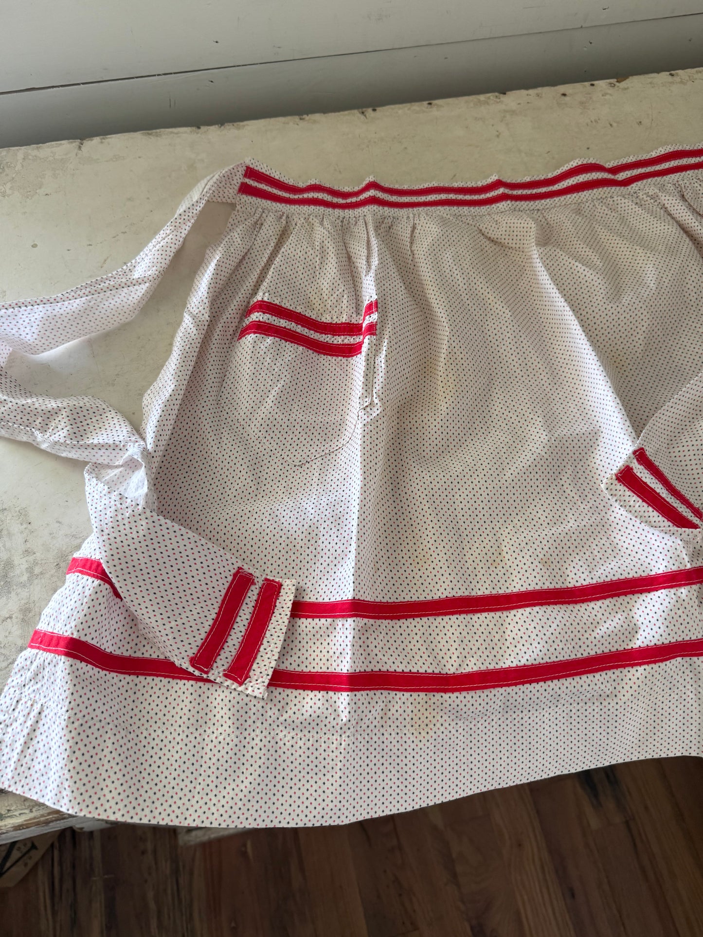 Vintage red and white polkadot half apron