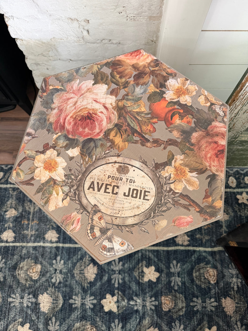 French Provincial Side Table hand painted with transfer 23” tall 18.5 wide