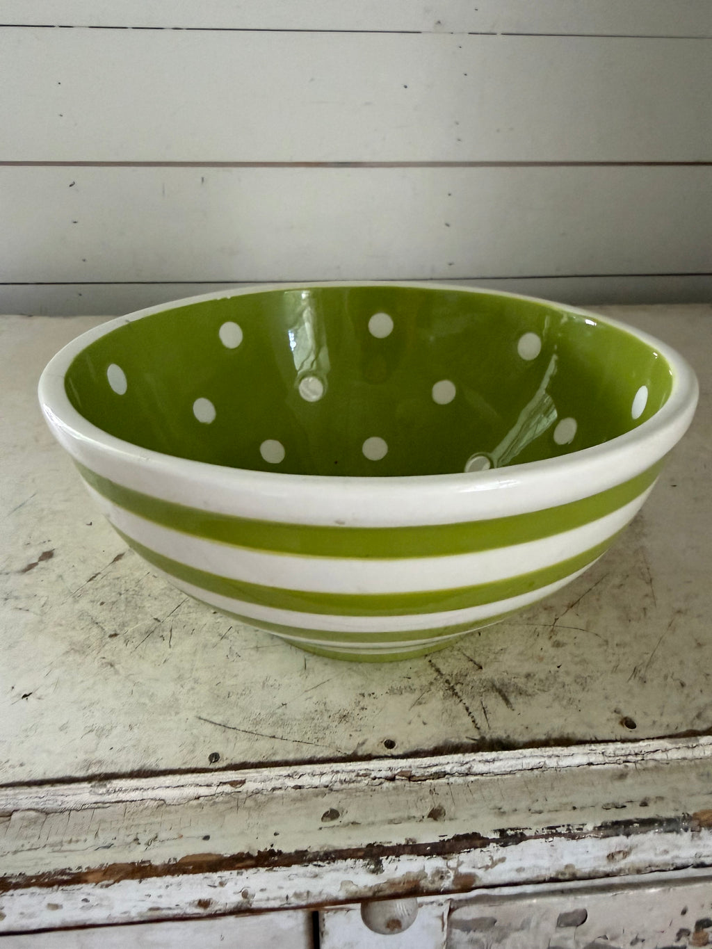 Green stripe and polkadot serving bowl