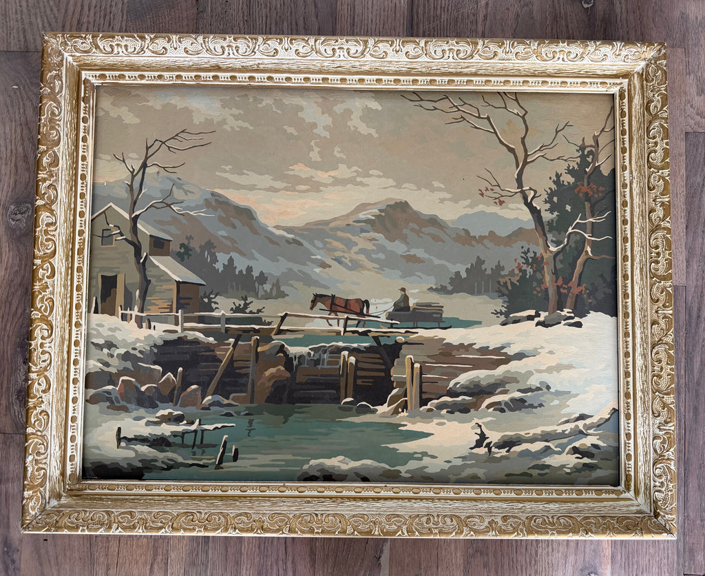 Large vintage mid-century paint by number winter scene