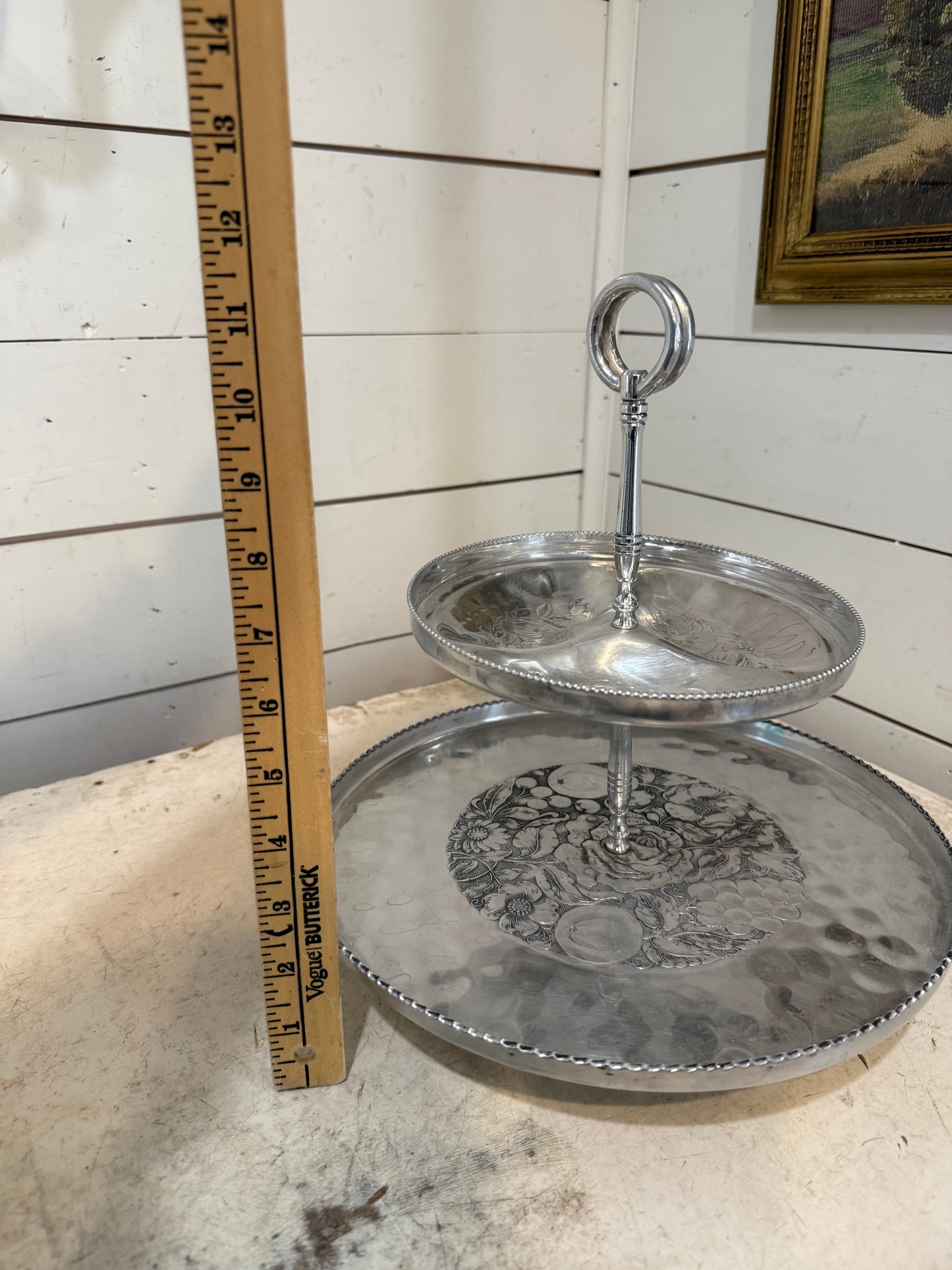 Vintage Two Tier Embossed Aluminum Tray