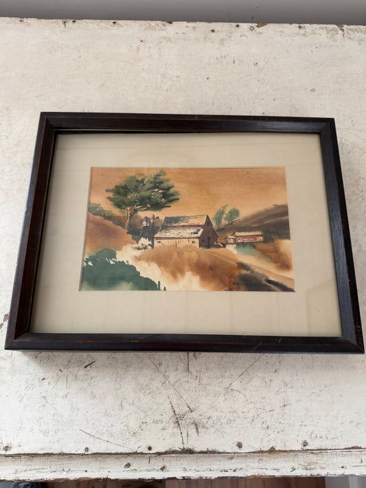 Framed watercolor of a Barn Pastoral scene