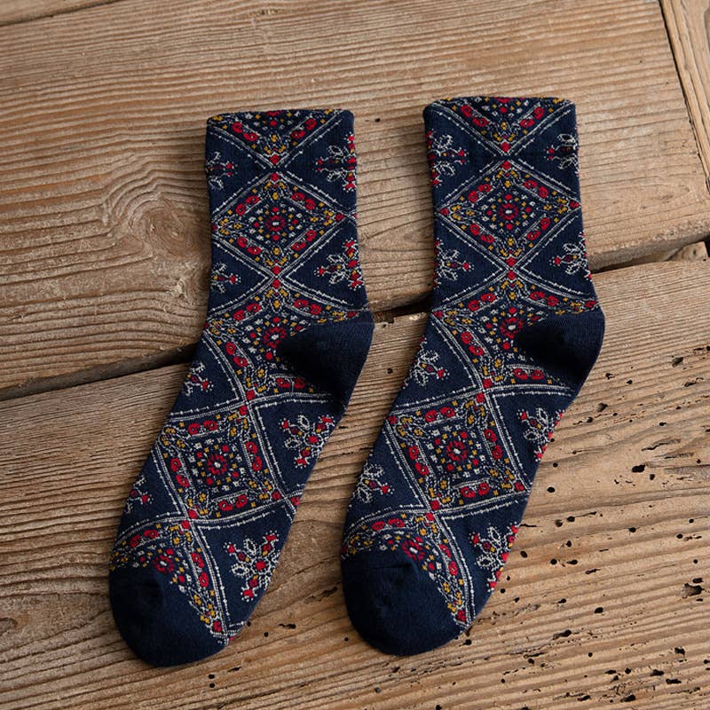 Retro diamond floral women's mid-calf socks - each pair sold individually