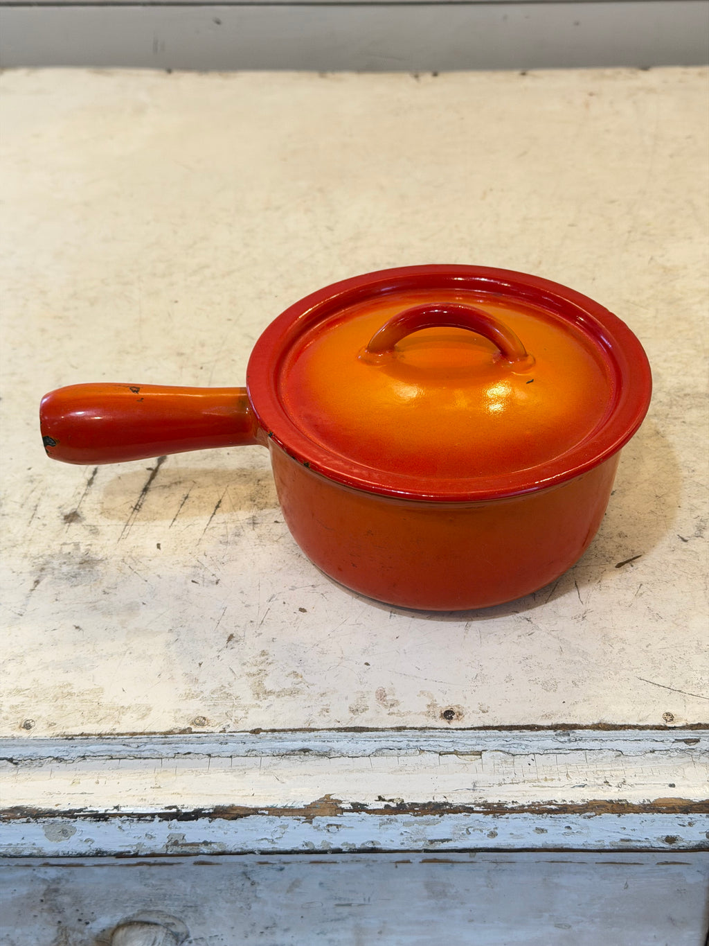 Vintage Descoware Orange Enamel Cast Iron Sauce Pan - has some chips in the enamel