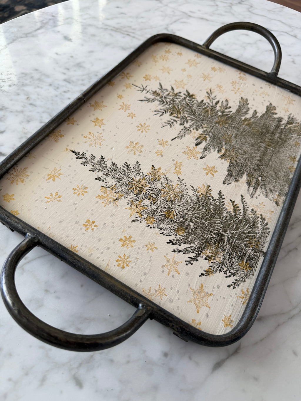 Gold and silver snow and Christmas trees tray