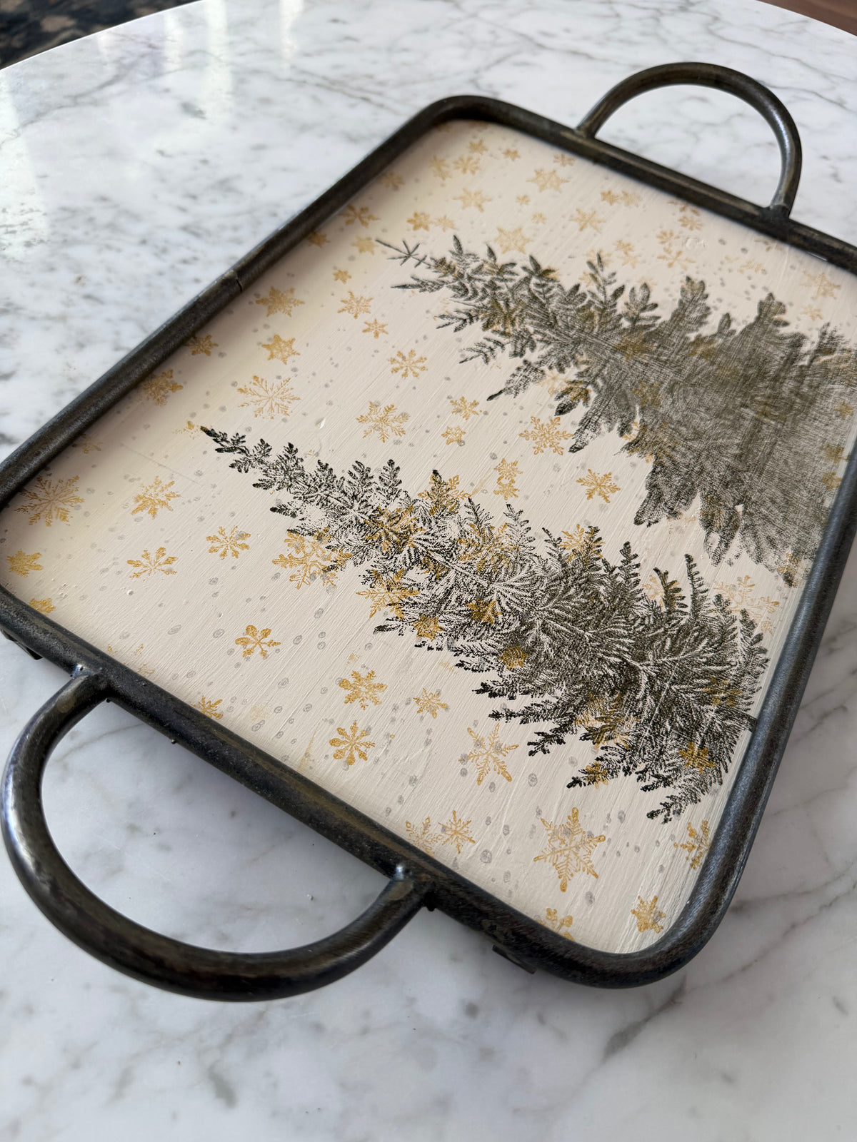 Gold and silver snow and Christmas trees tray