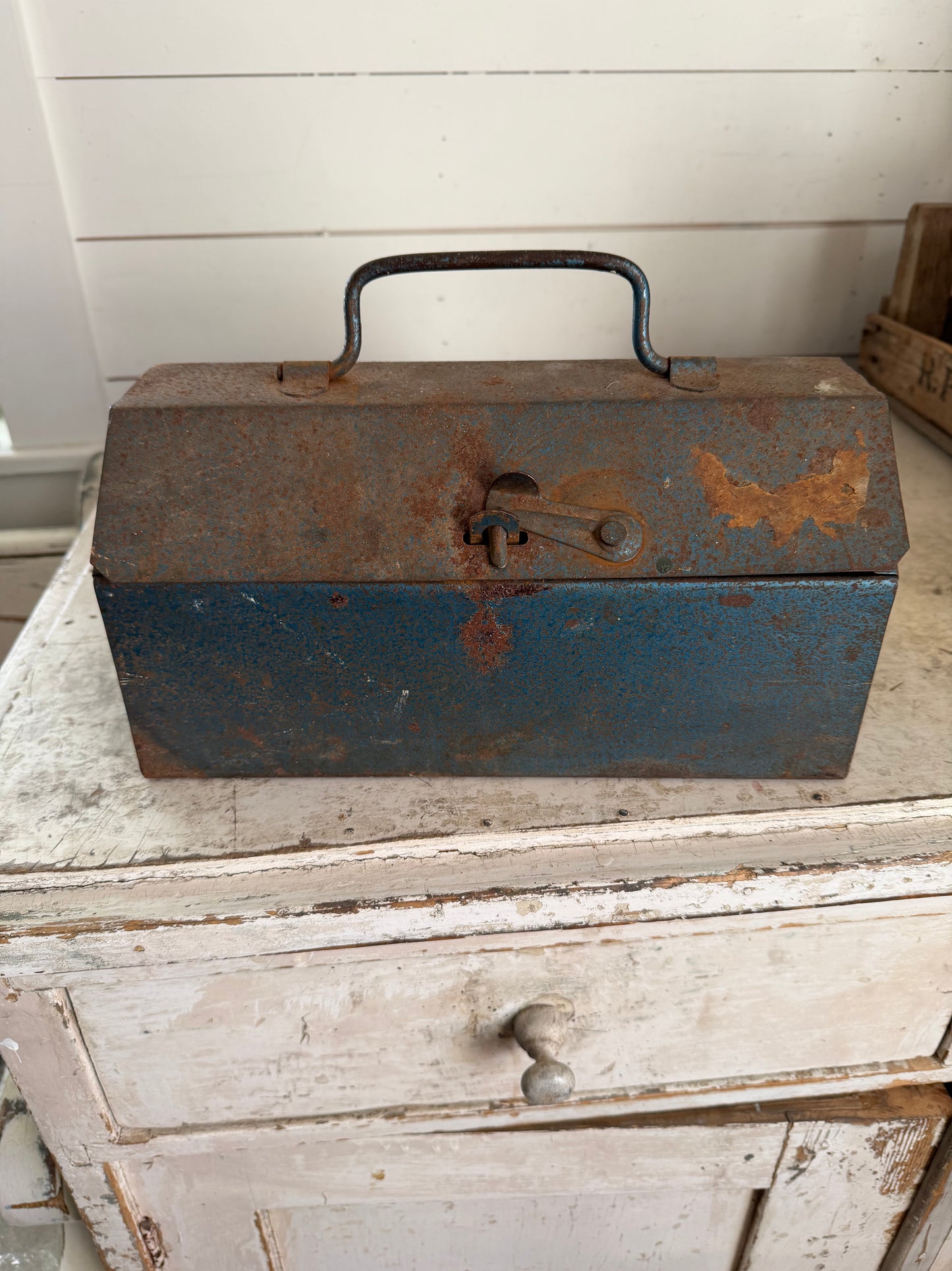 Vintage Blue Toolbox with sliding clasp