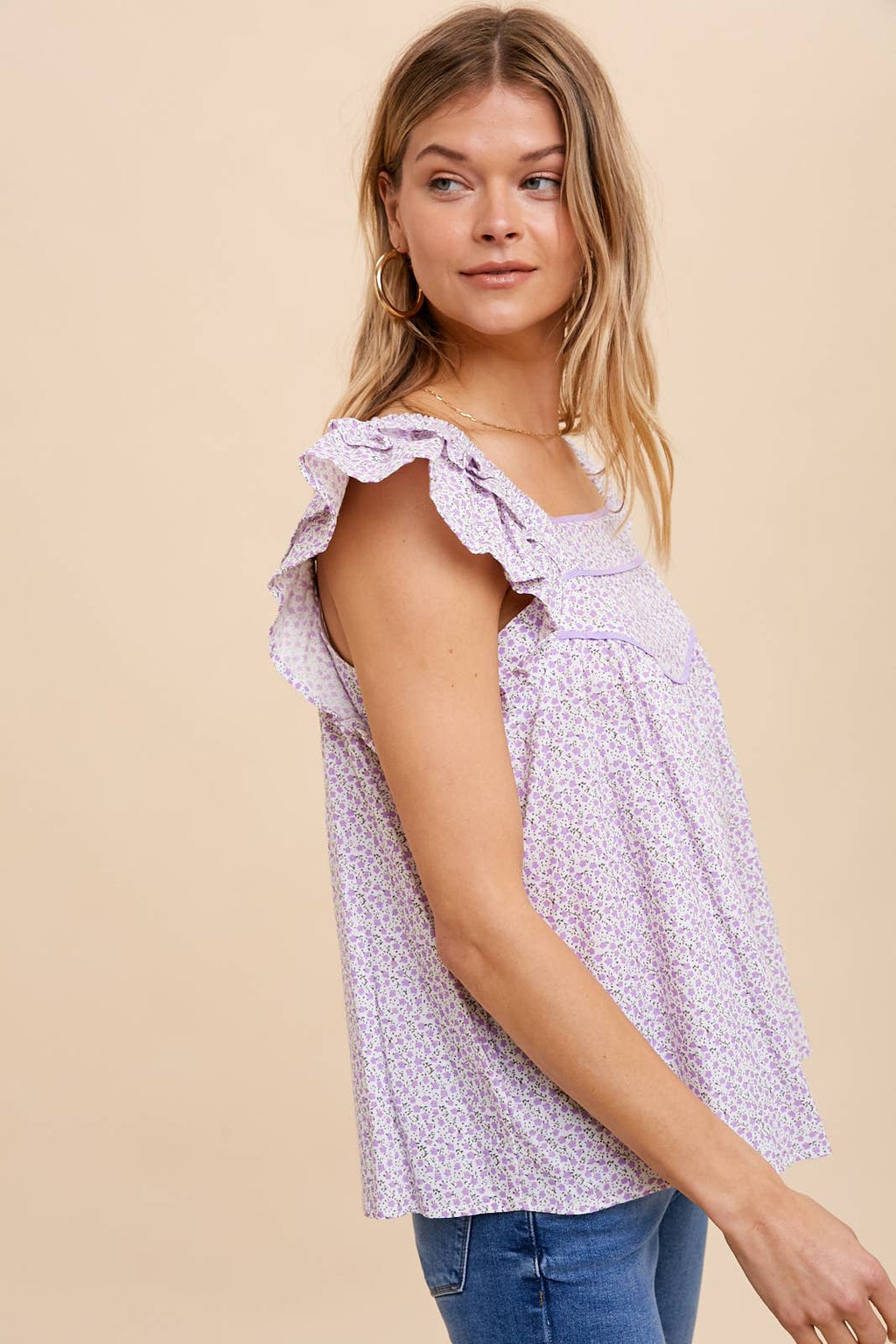 Lavender Ruffle Sleeve Cotton Blouse