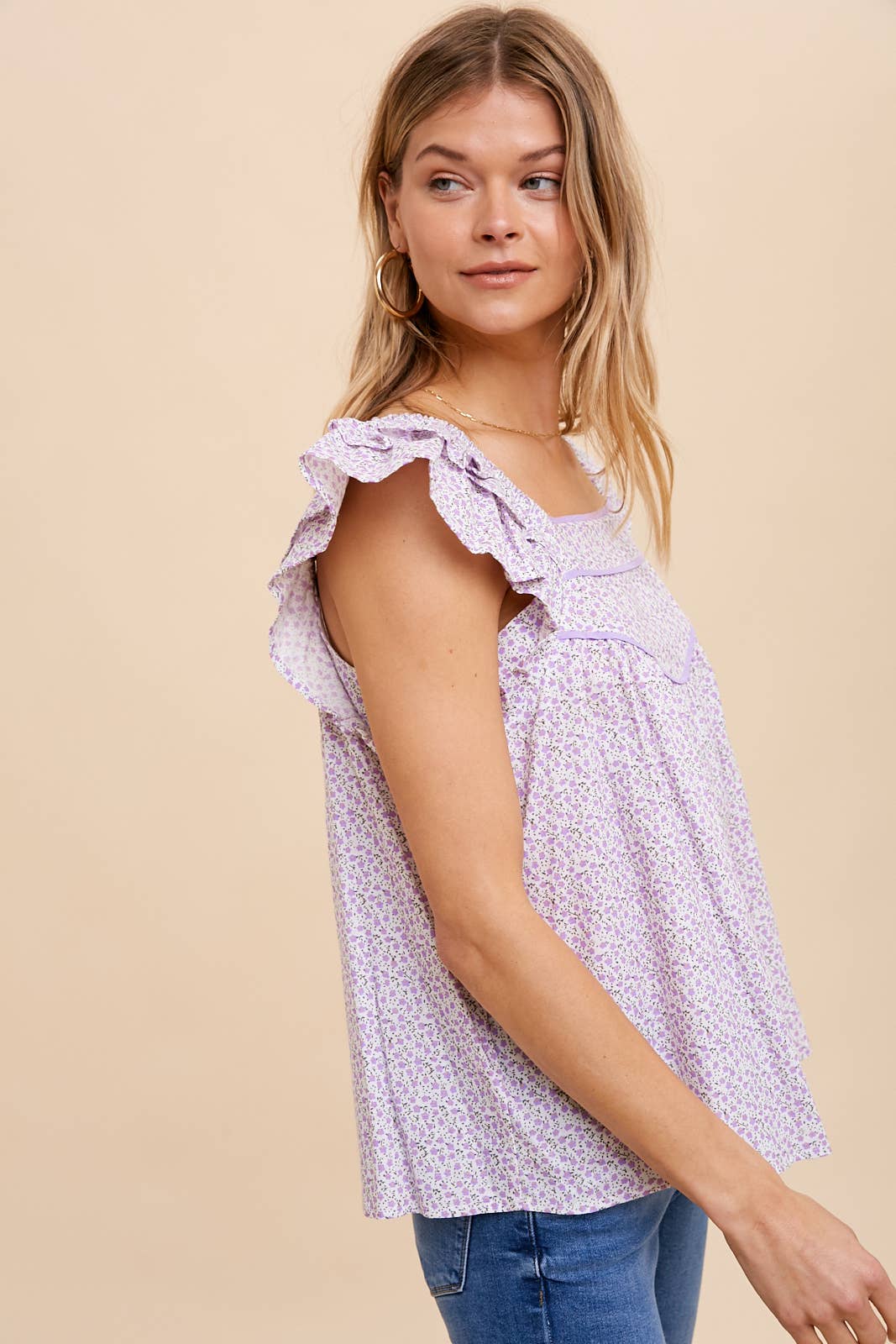Lavender Ruffle Sleeve Cotton Blouse