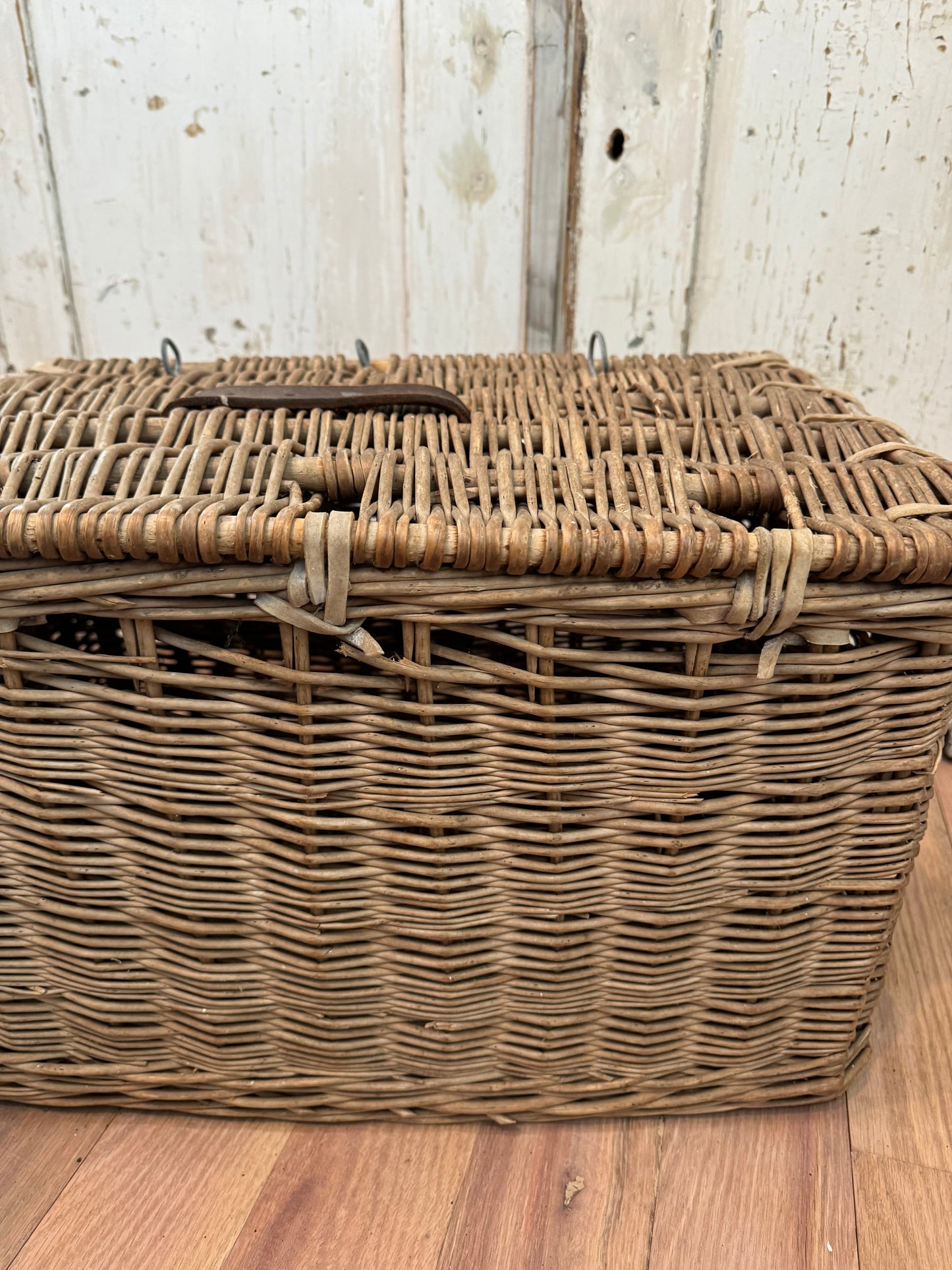 Antique Victorian English Wicker Basket with Leather Strap and raw hide leather stitching - original paint