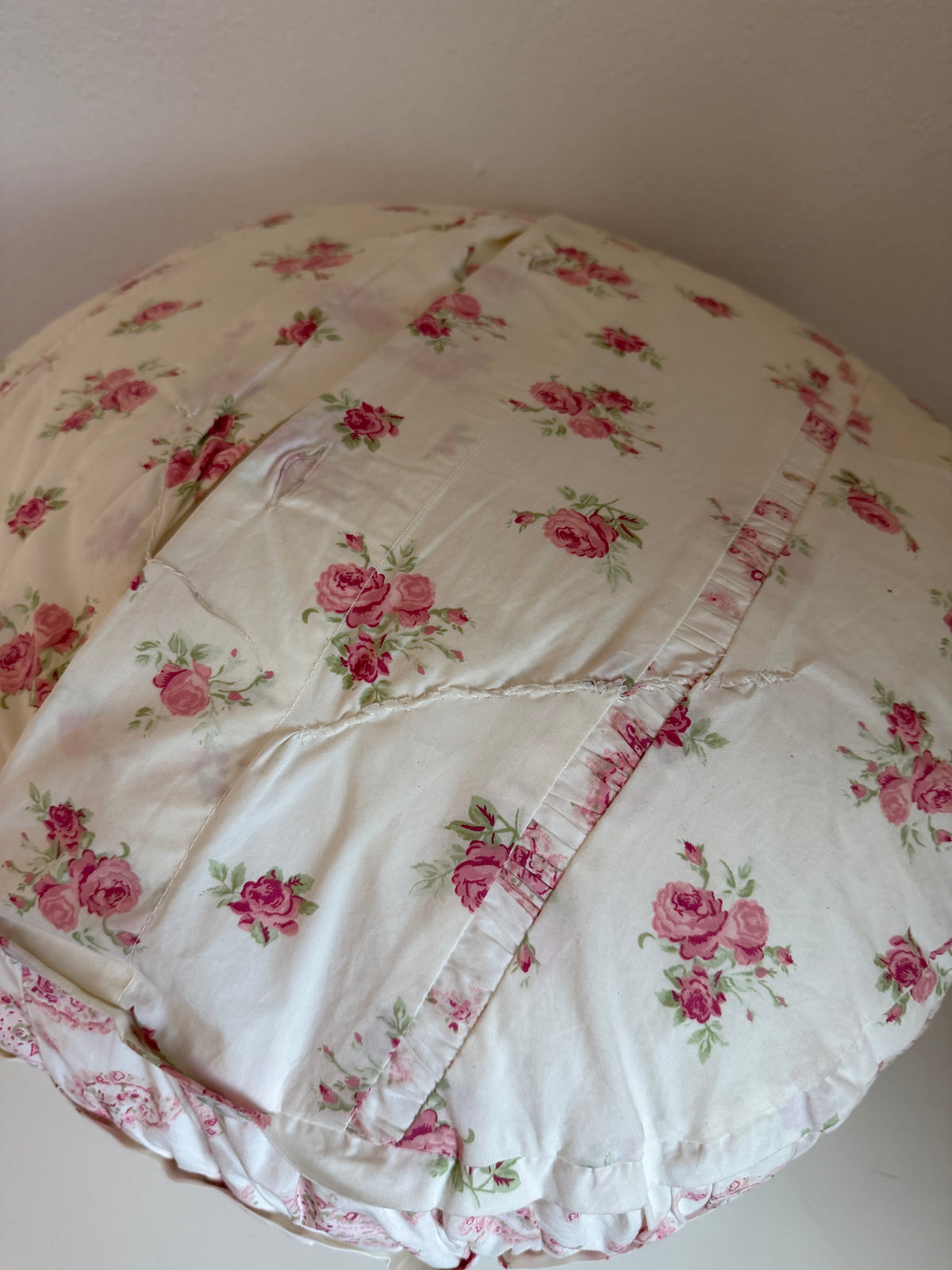 Vintage Rachel Ashwell SIMPLY SHABBY ChIc Floral Rose Paisley Round Toss Pillow 20” as is. Has been repaired no buttons