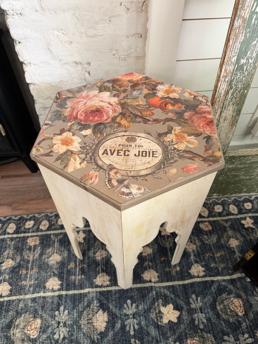 French Provincial Side Table hand painted with transfer 23” tall 18.5 wide