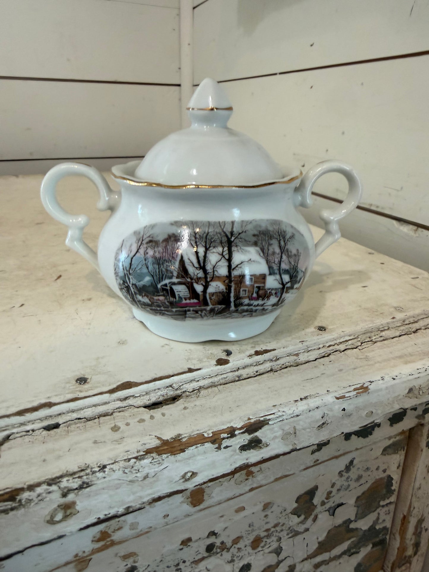 Vintage Avon China Sugar Bowl Two Handles Snowy Winter Water Mill 1977