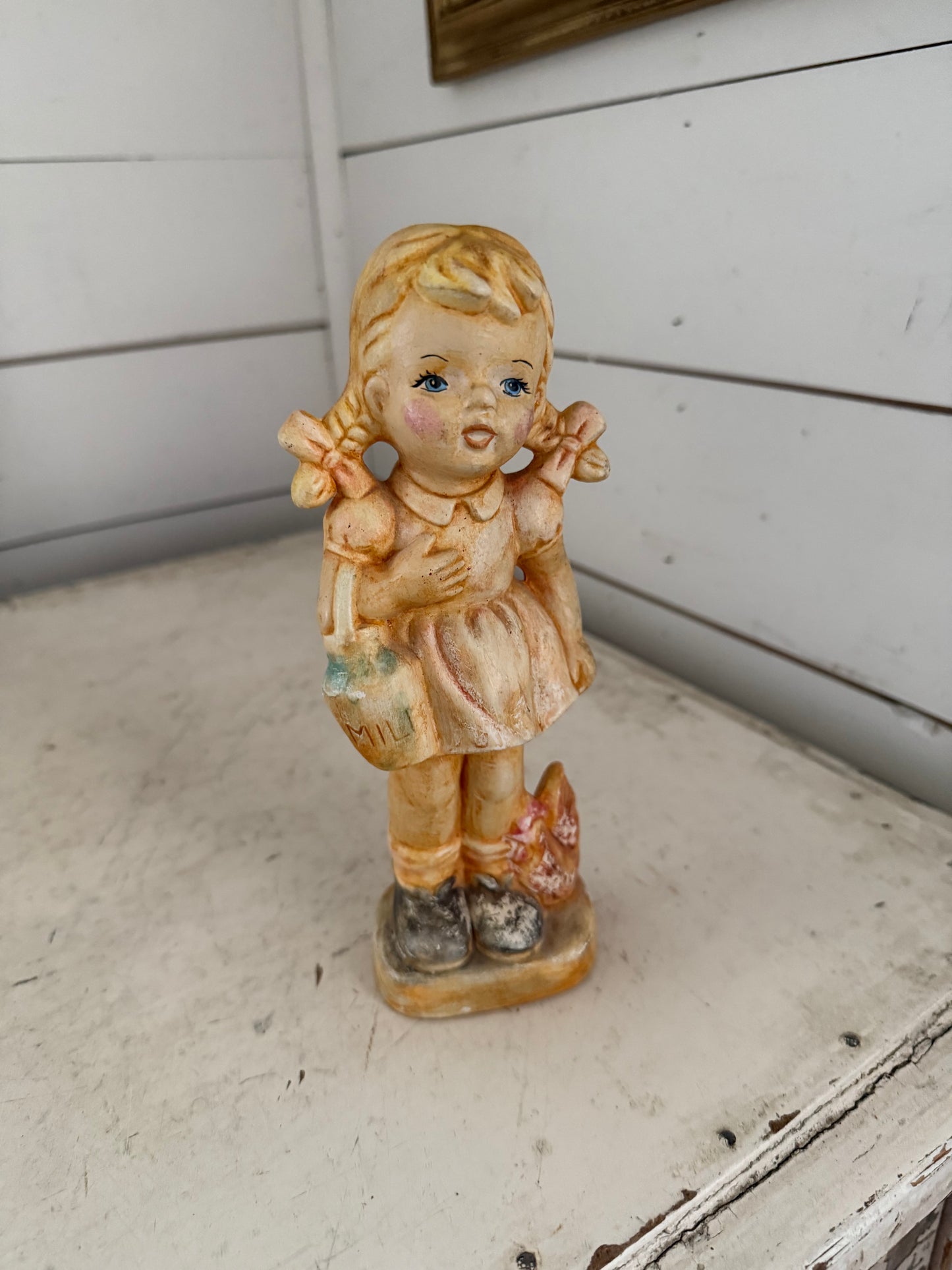 Vintage Girl with milk jug and chicken figurine