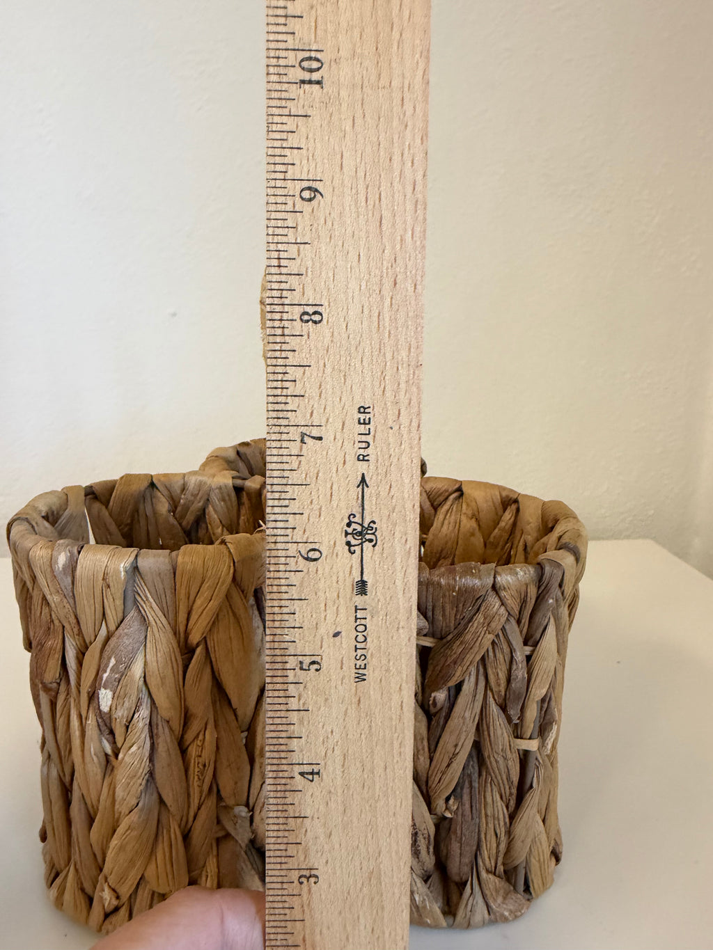 Natural water hyacinth woven utensil and cutlery caddy with a center loop handle
