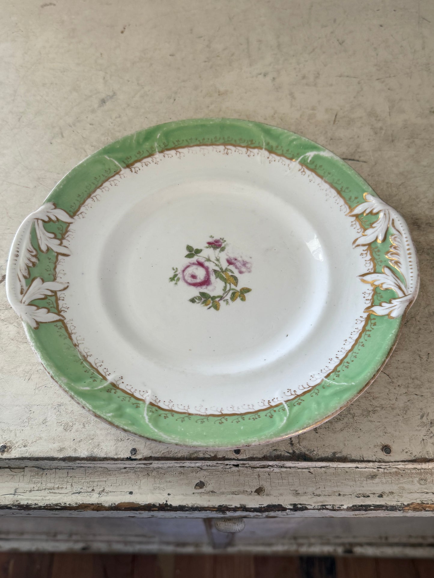 Derby Platter, apple green with c-scroll moulding & flowers