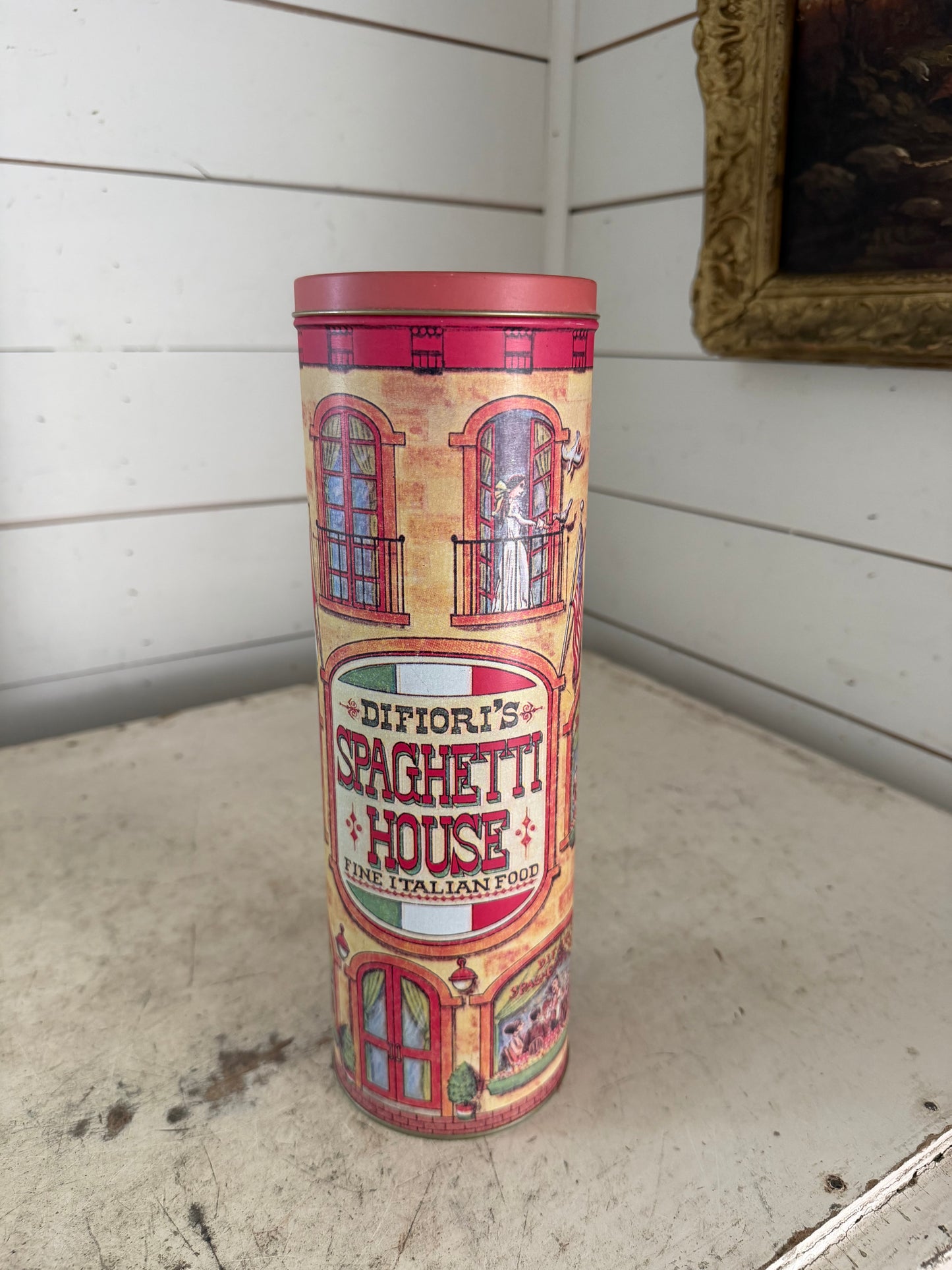 VINTAGE 1979 DIFIORI"S Spaghetti HOUSE TALL Pasta Tin CANISTER STORAGE CONTAINER
