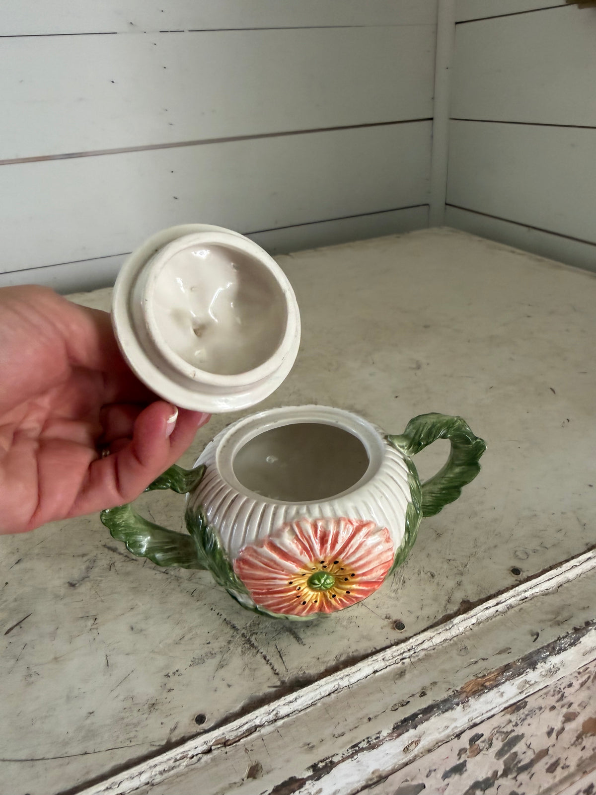 Vintage Fitz & Floyd Ceramic Sugar Bowl with Lid, Pink Floral Design