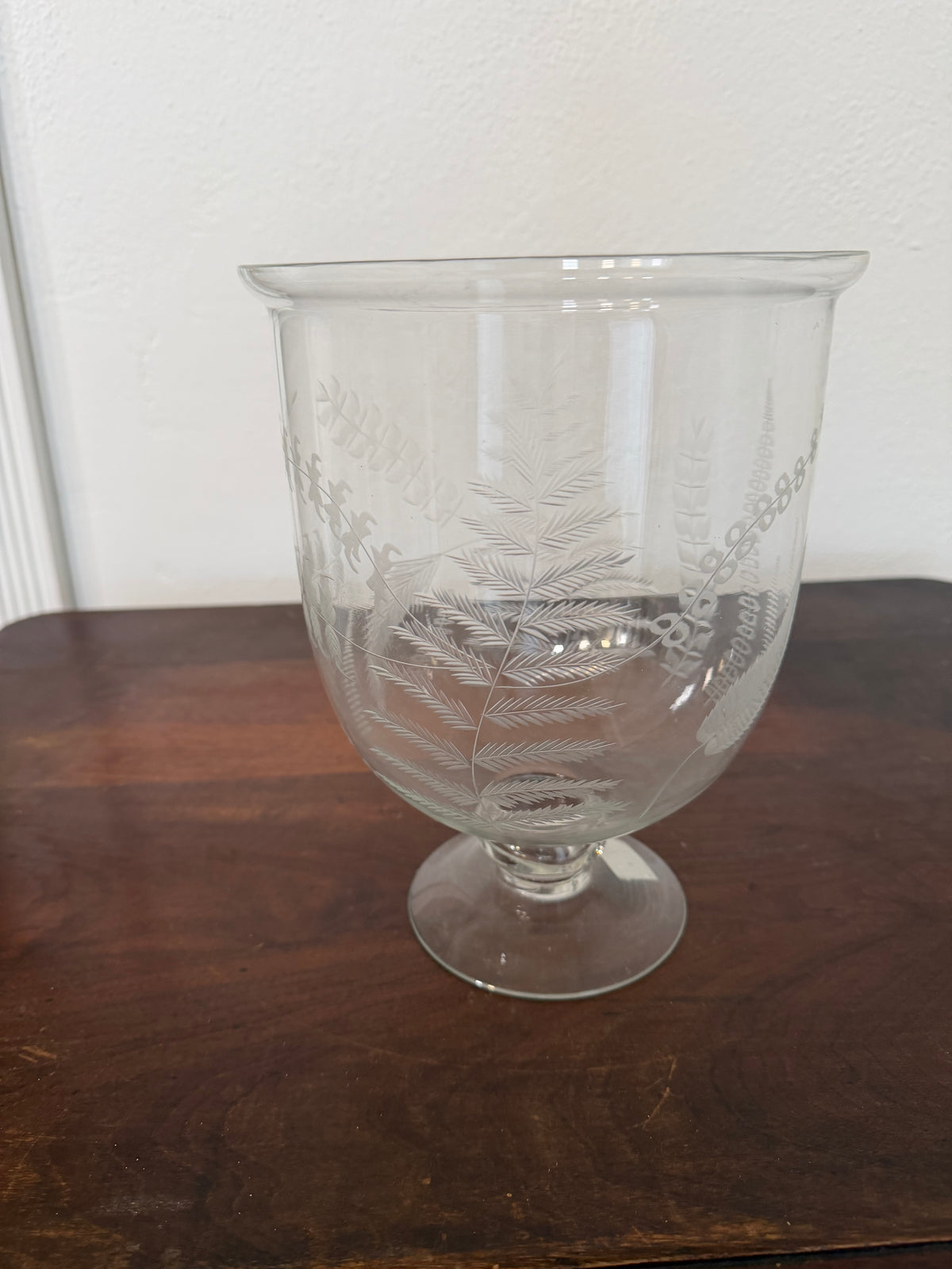 Etched Glass Footed Hurricane Vase