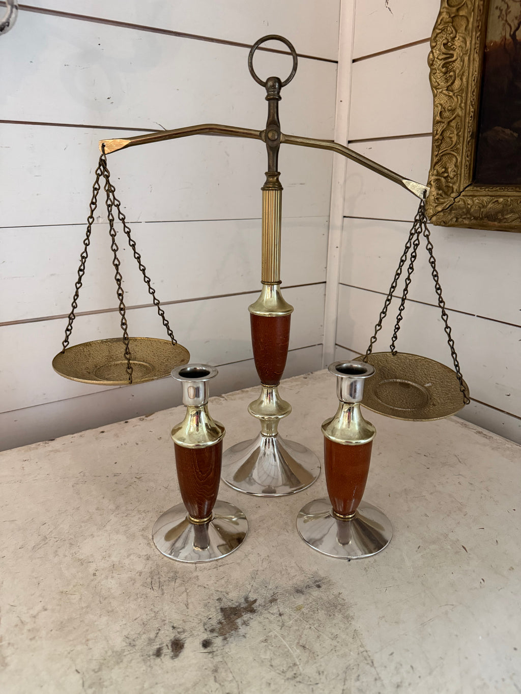 MCM Brass Balancing Scale with matching candlesticks